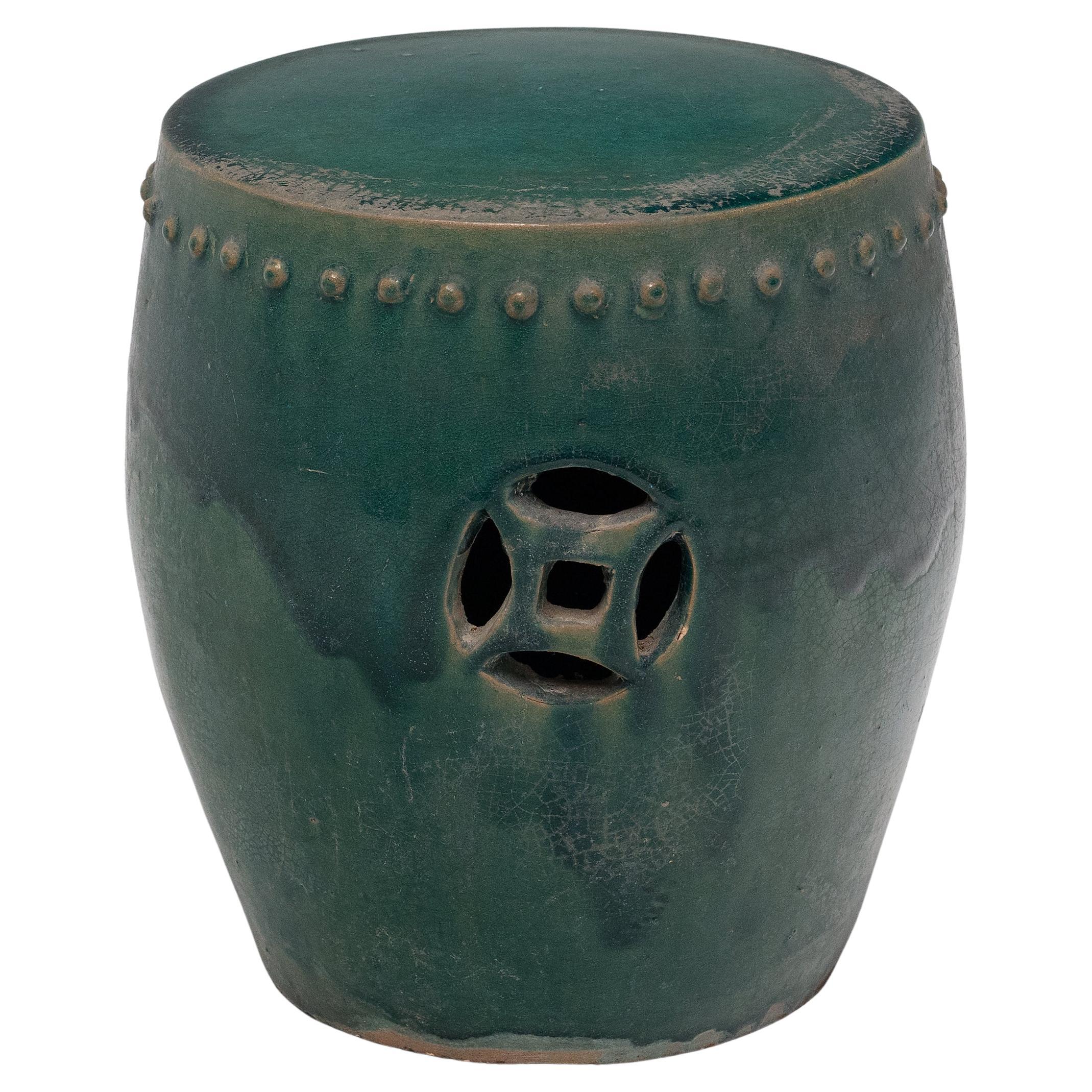 Chinese Green Glazed Drum Stool, c. 1900 For Sale