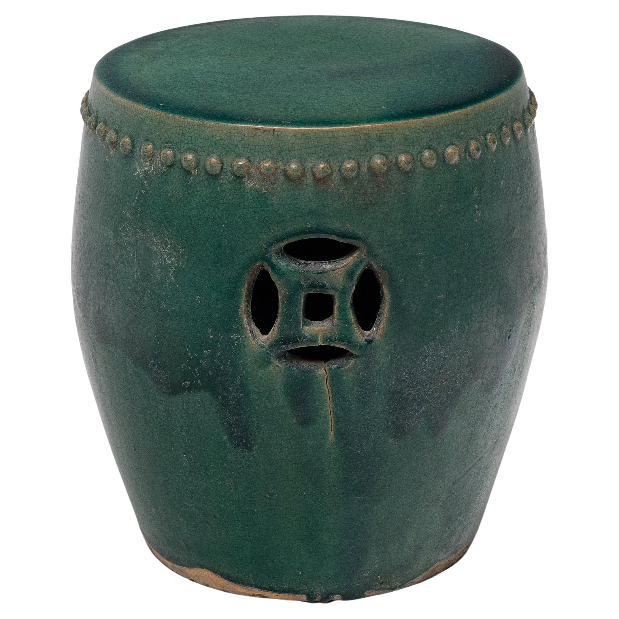 Chinese Green Glazed Drum Stool, c. 1900 For Sale