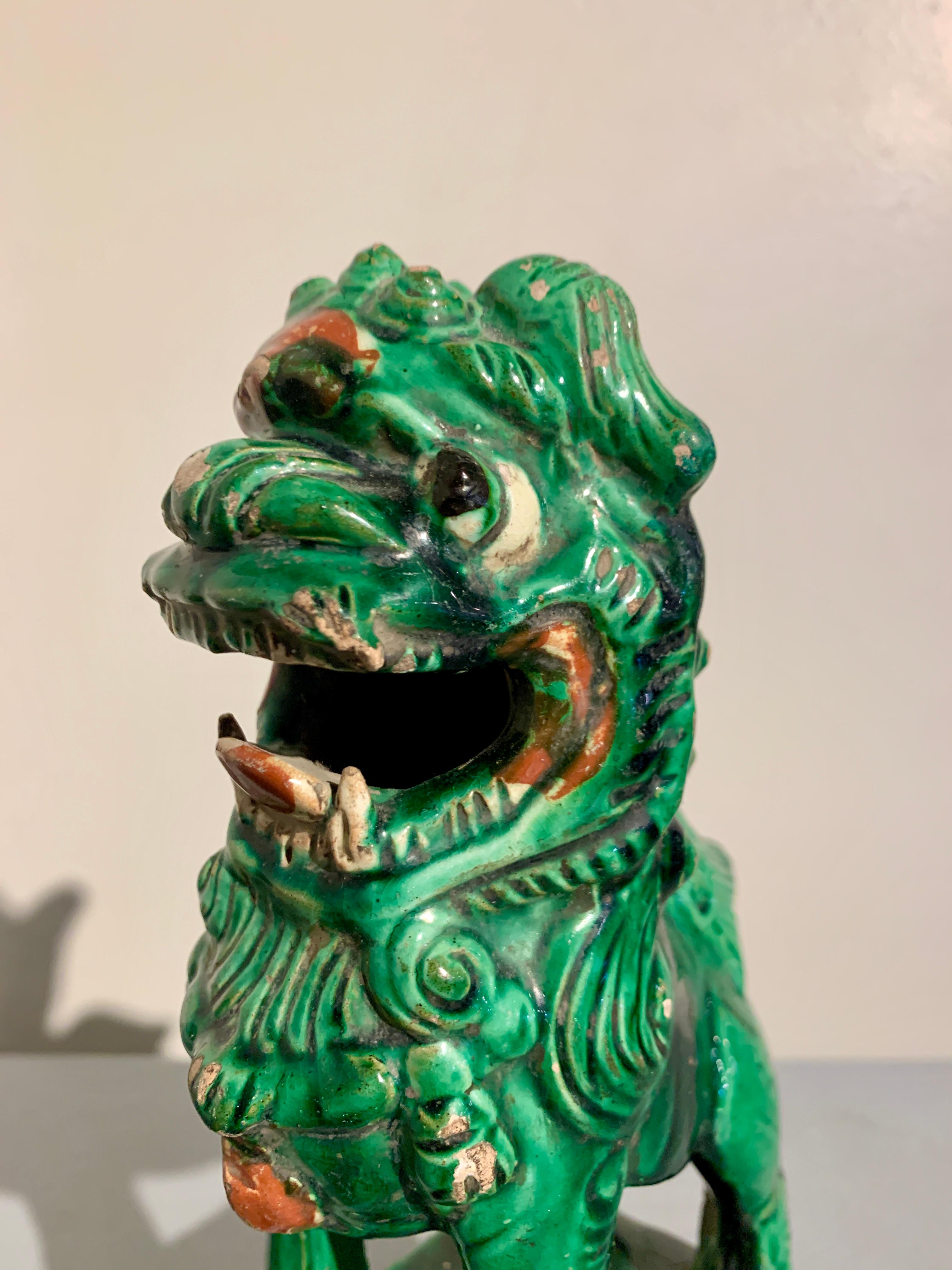 Chinese Green Glazed Foo Lions, Near Pair, Late 19th Century, China For Sale 6