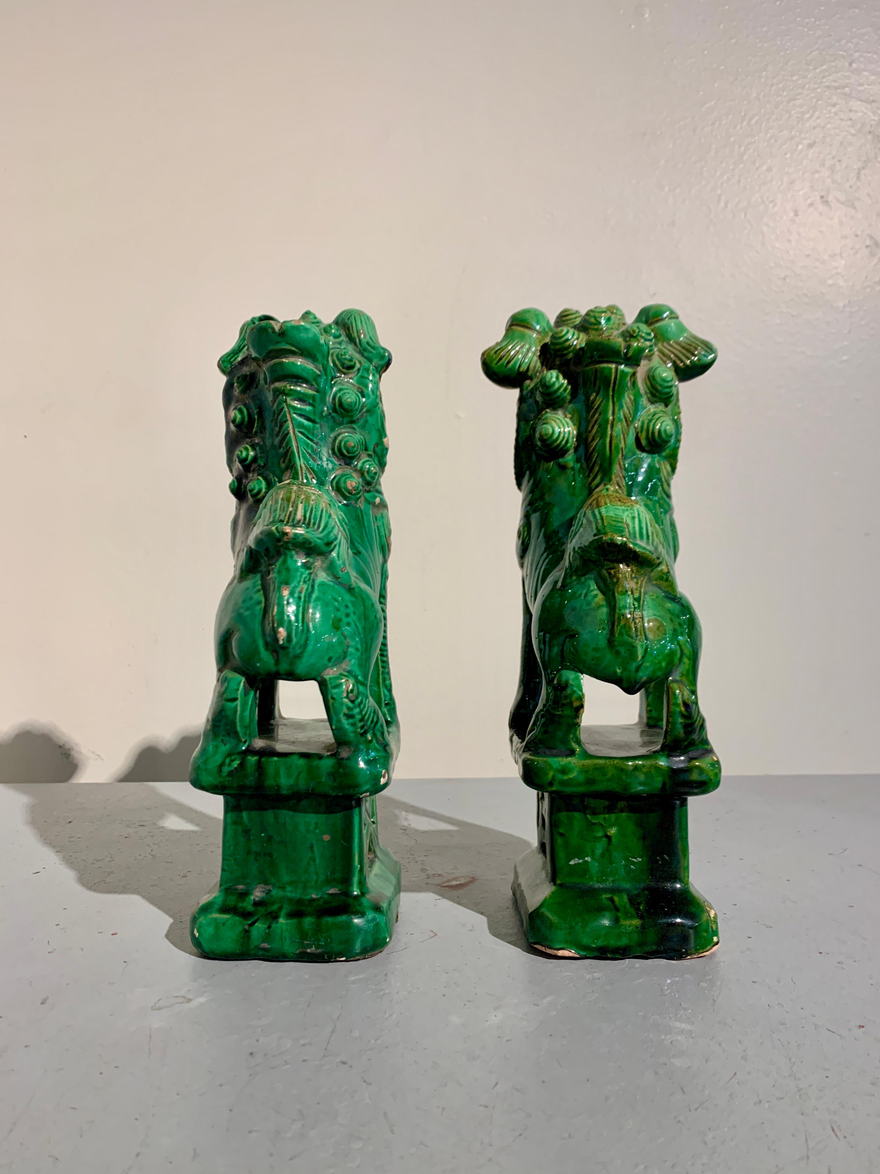 Chinese Green Glazed Foo Lions, Near Pair, Late 19th Century, China In Fair Condition For Sale In Austin, TX