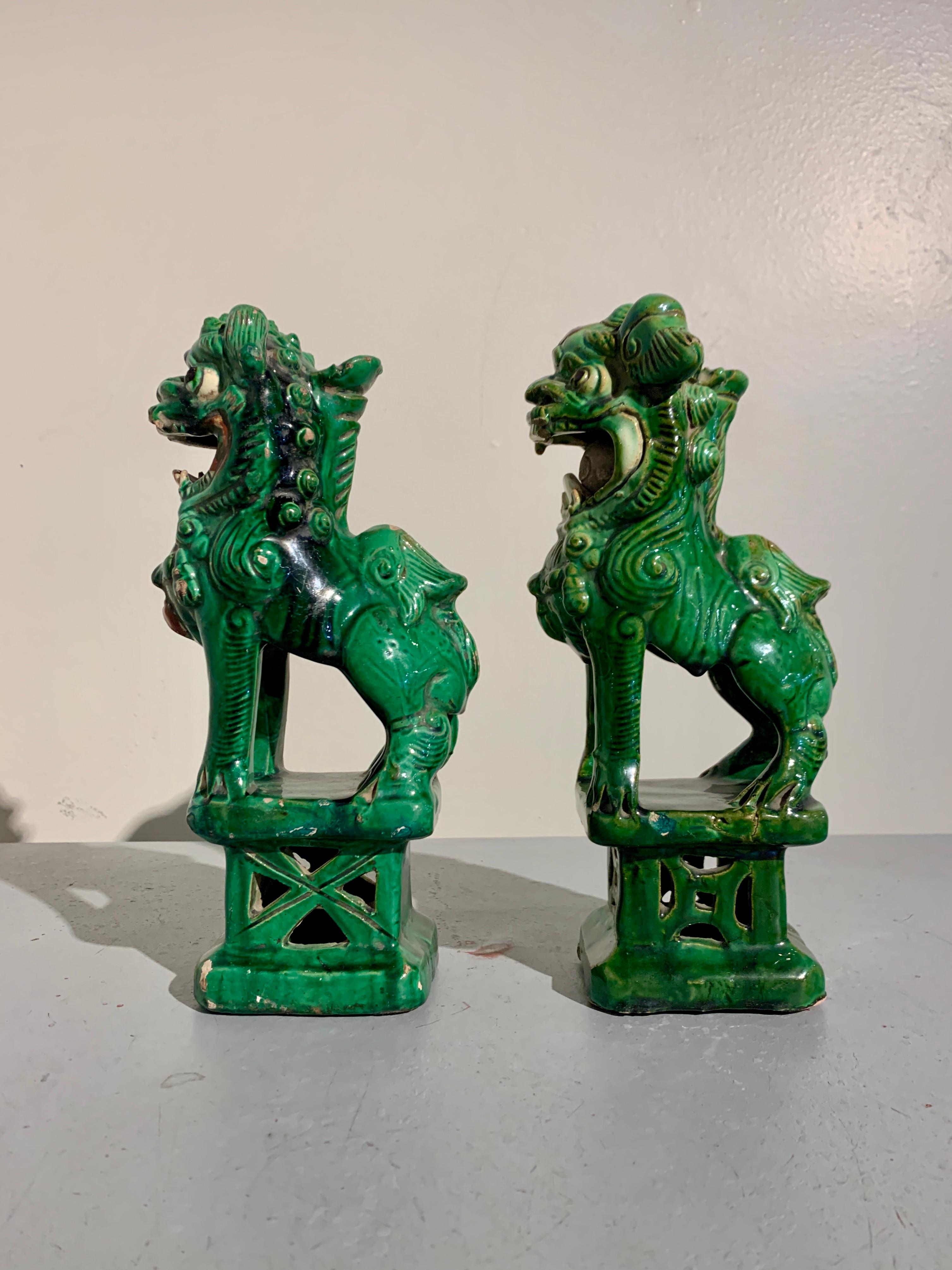 Stoneware Chinese Green Glazed Foo Lions, Near Pair, Late 19th Century, China For Sale