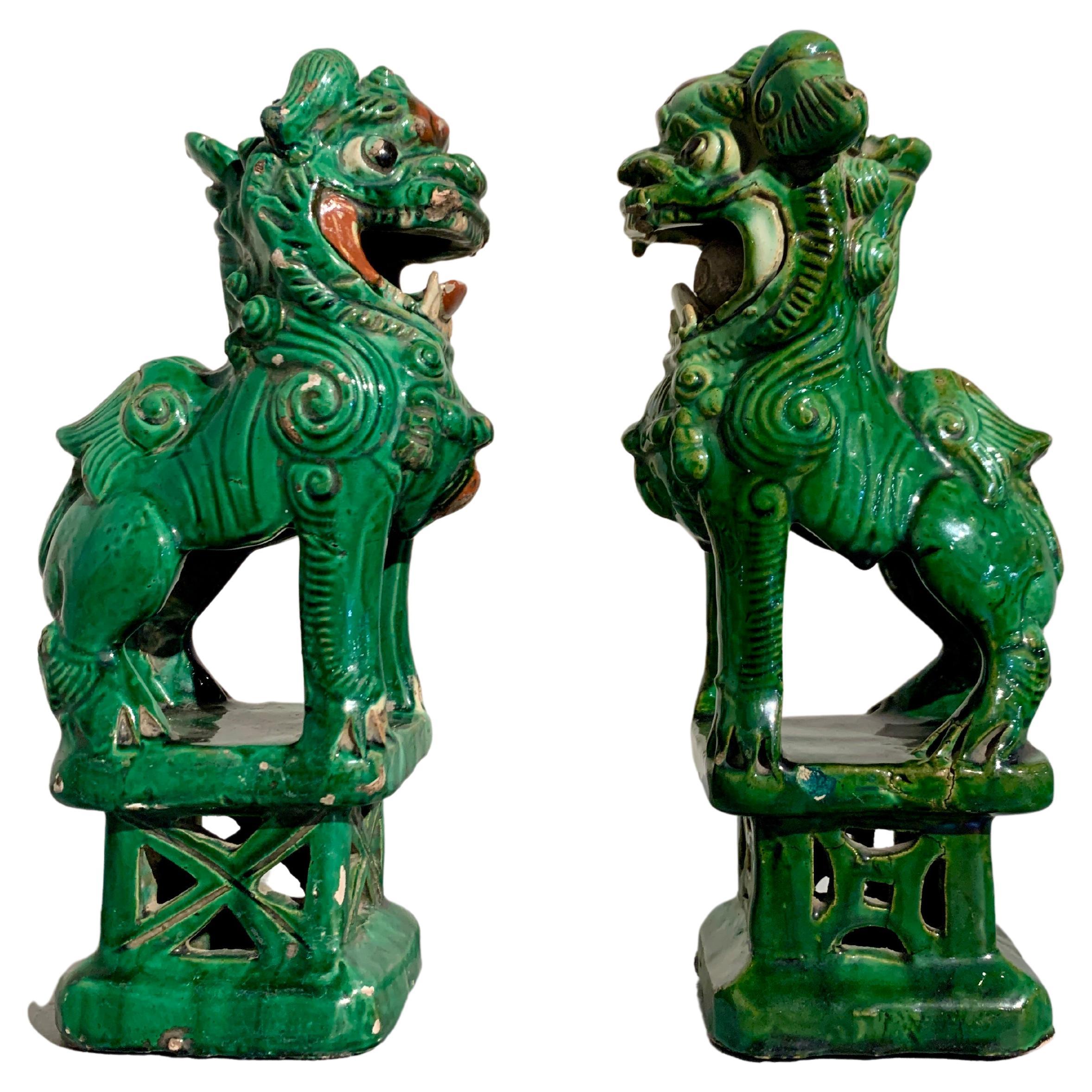Chinese Green Glazed Foo Lions, Near Pair, Late 19th Century, China