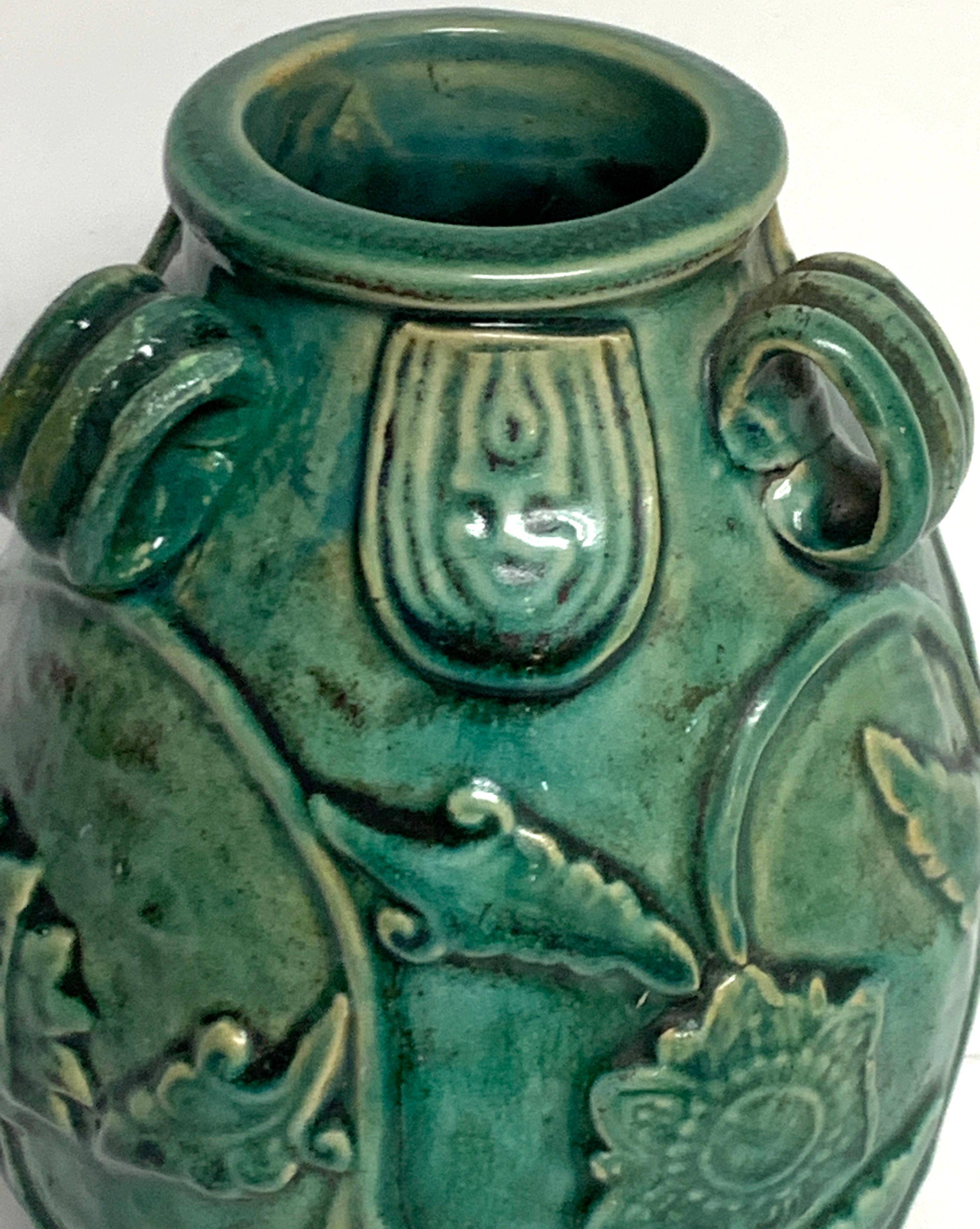Ceramic Chinese Green Glazed Lotus Motif Vase For Sale