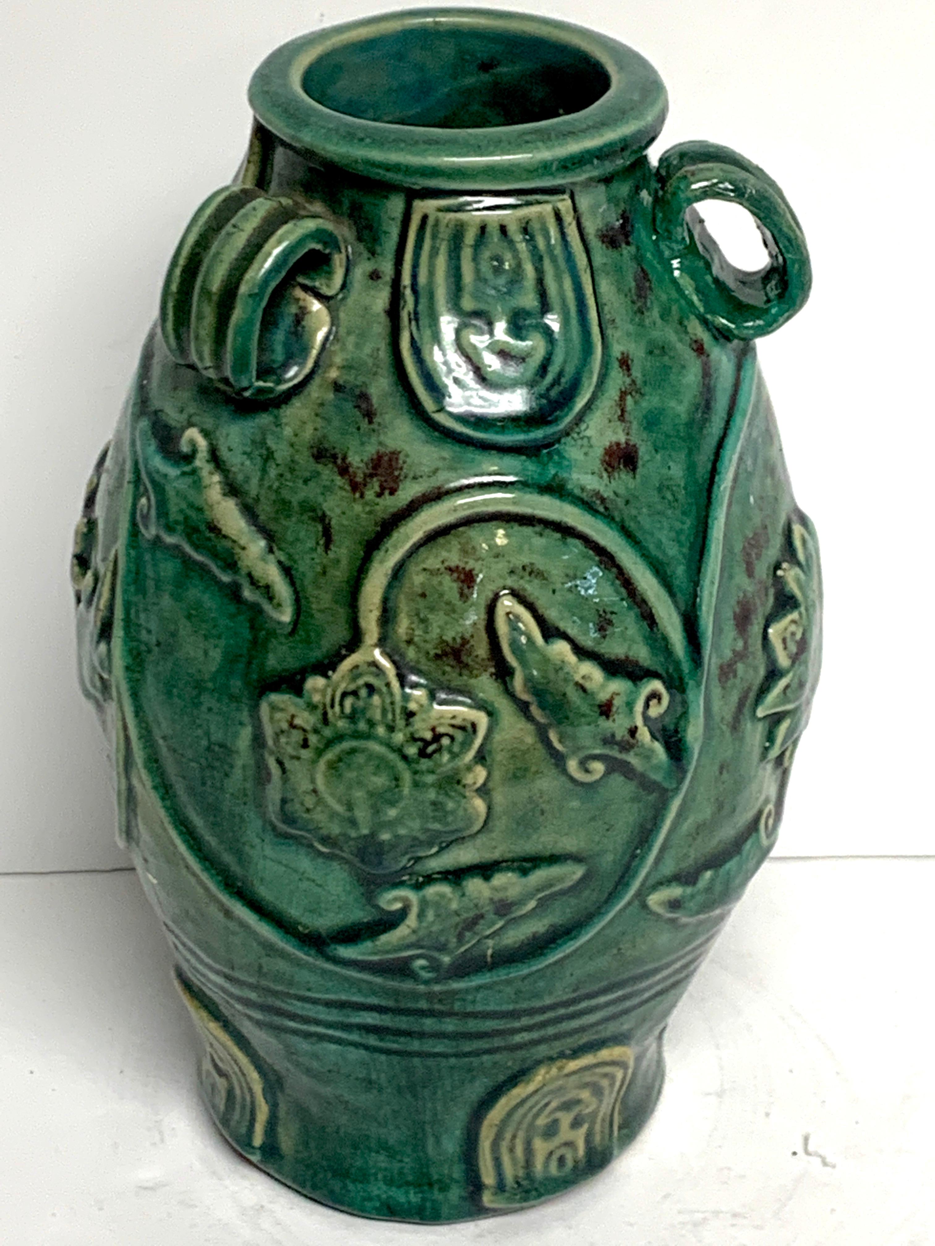 Ceramic Chinese Green Glazed Lotus Motif Vase For Sale