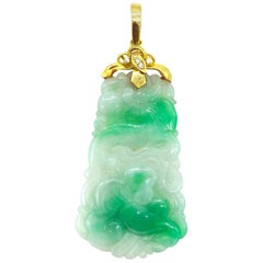 Chinese, Green Jade Carved Floral Pendant, Diamond
