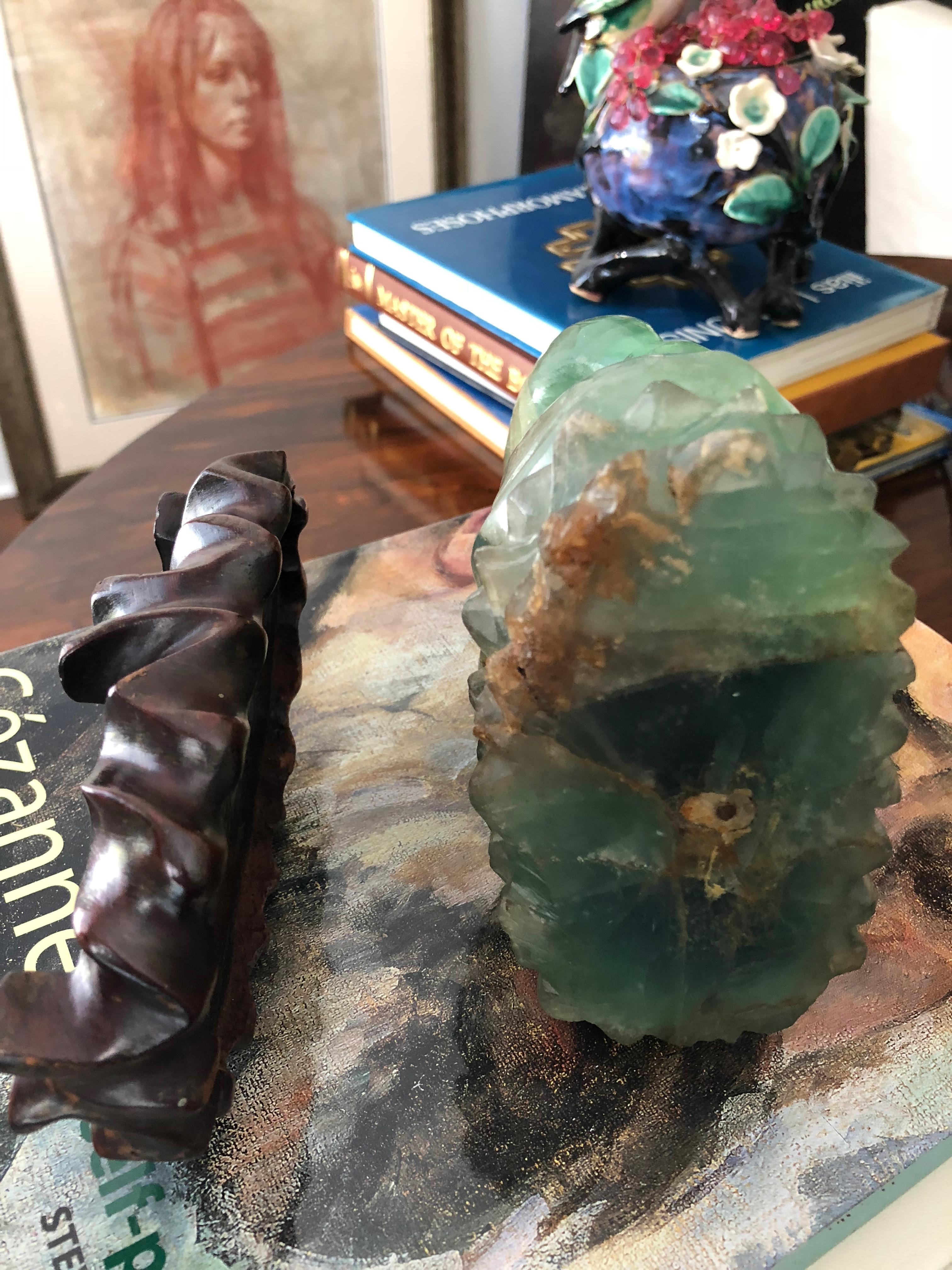 Hand-Carved Chinese Green Mineral Fluorite Buddha with Rosewood Stand