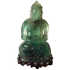 Chinese Green Mineral Fluorite Buddha with Rosewood Stand
