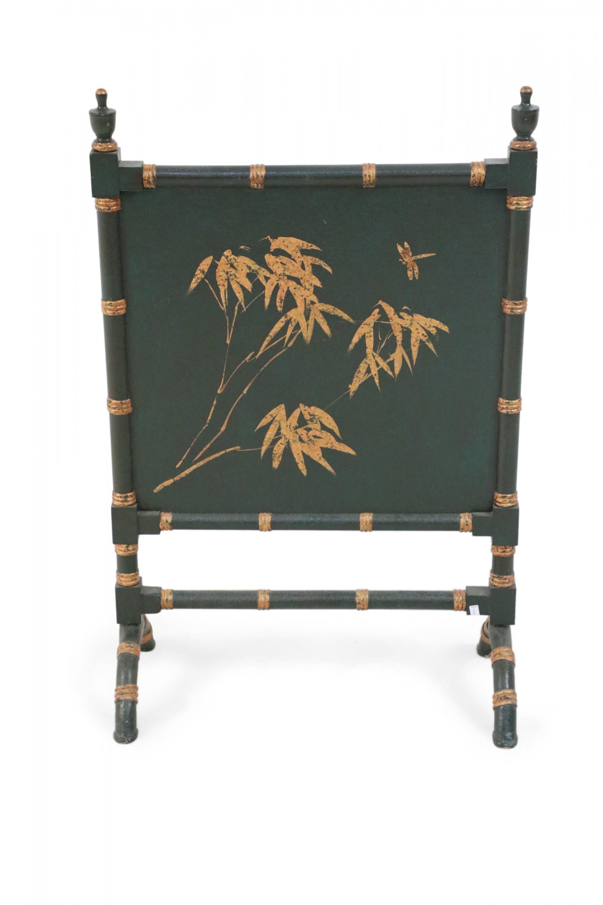 Chinese Green Painted Faux Bamboo and Gold Design Fireplace Screen In Good Condition For Sale In New York, NY