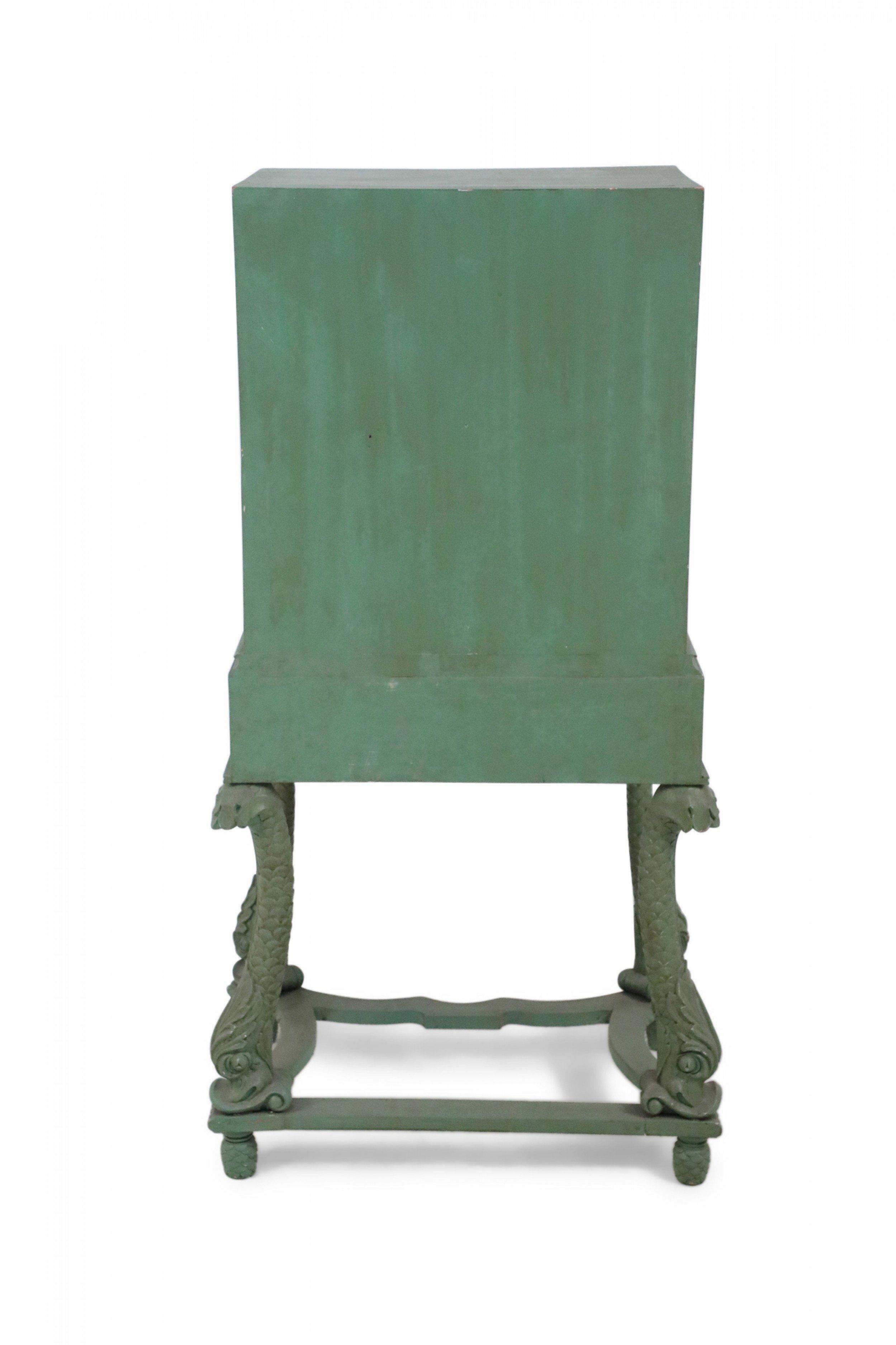 Carved Chinese Green Painted Highboy Cabinet