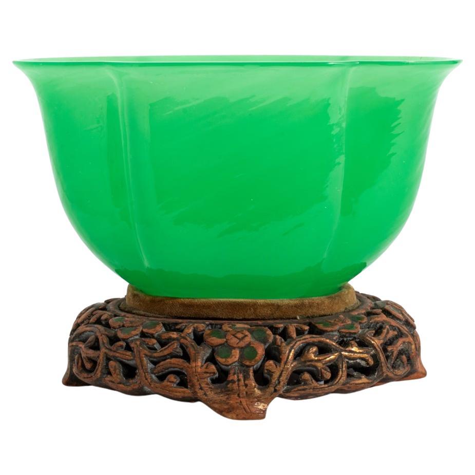 Chinese Green Peking Glass Lotus Form Bowl For Sale