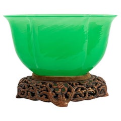 Antique Chinese Green Peking Glass Lotus Form Bowl