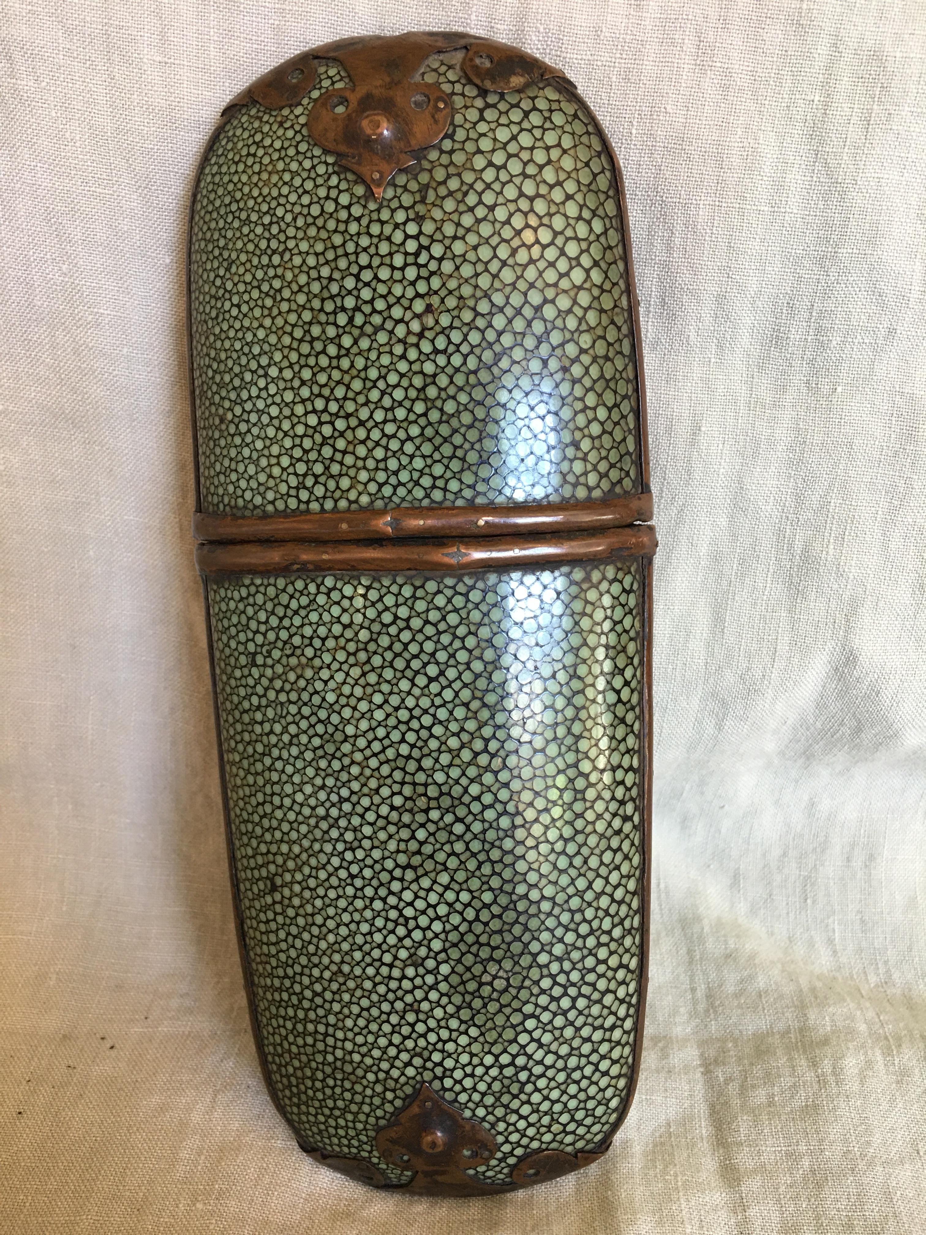 Chinese Green Shagreen Brass Mounted Eyeglass Case, Early 20th Century In Good Condition In Savannah, GA