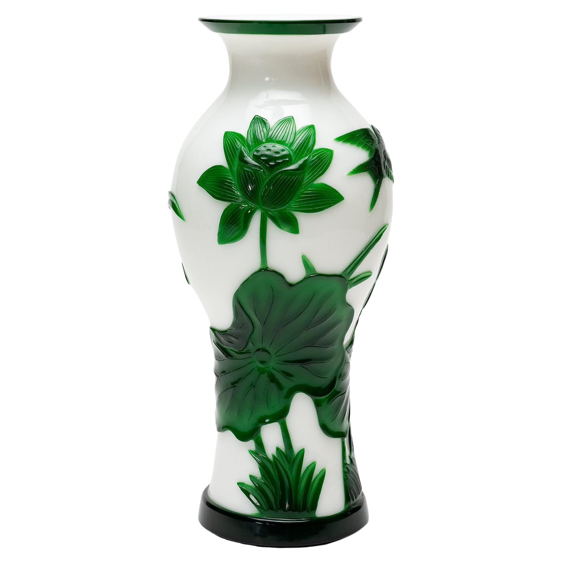 Chinese Green 
White Peking Glass Lotus Vase, c. 1900