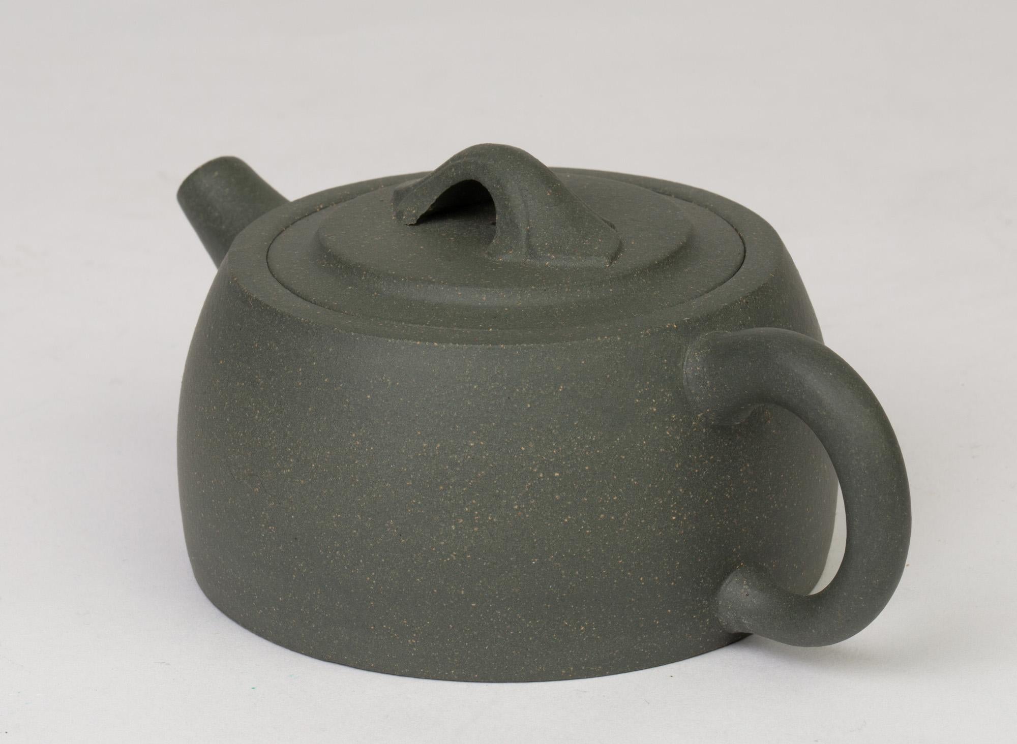 Modern Chinese Green Yixing Clay Squat Rounded Lidded Teapot with Certificate