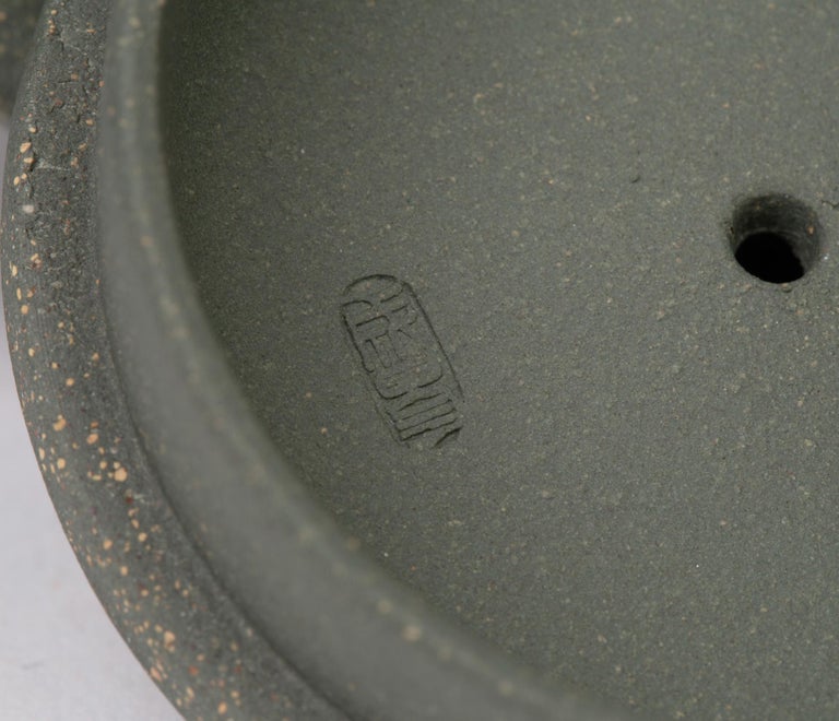 Chinese Green Yixing Clay Squat Rounded Lidded Teapot with Certificate