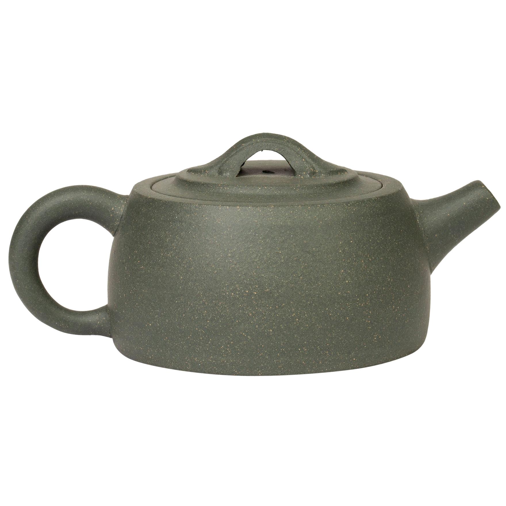 Chinese Green Yixing Clay Squat Rounded Lidded Teapot with Certificate
