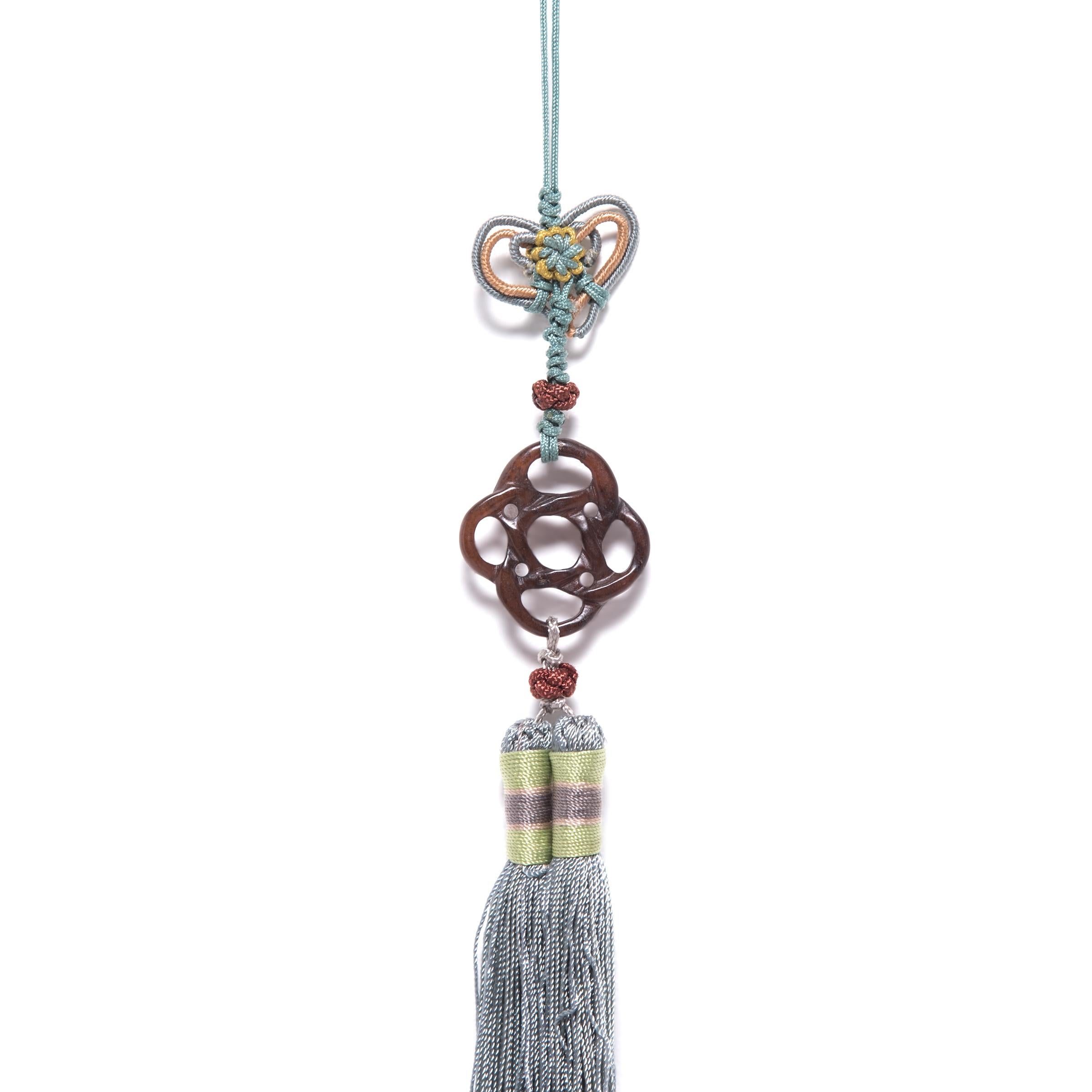 Hand-Knotted Chinese Grey Silk Tassel with Carved Knot Pendant