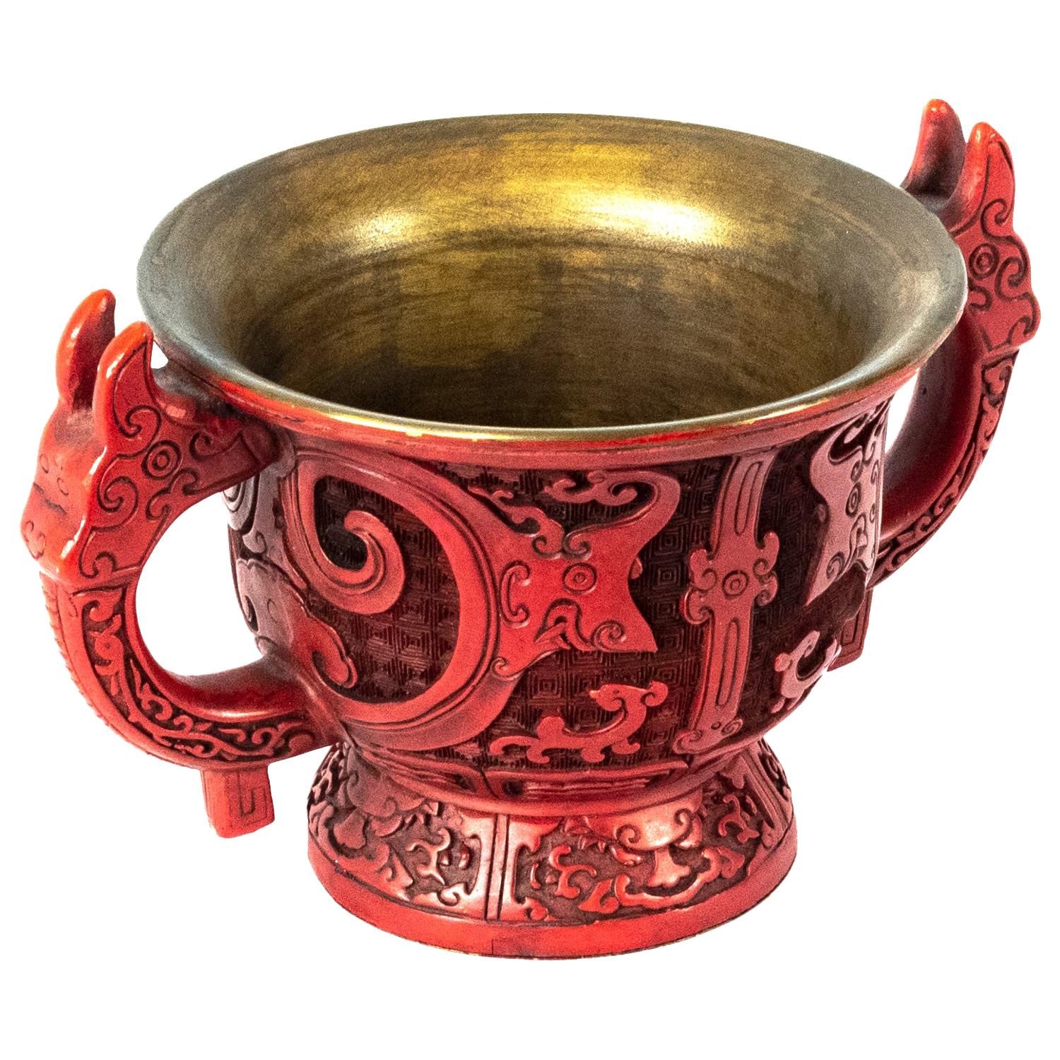 Chinese Gui-Form Cinnabar Lacquer Libation Cup, Qing Dynasty