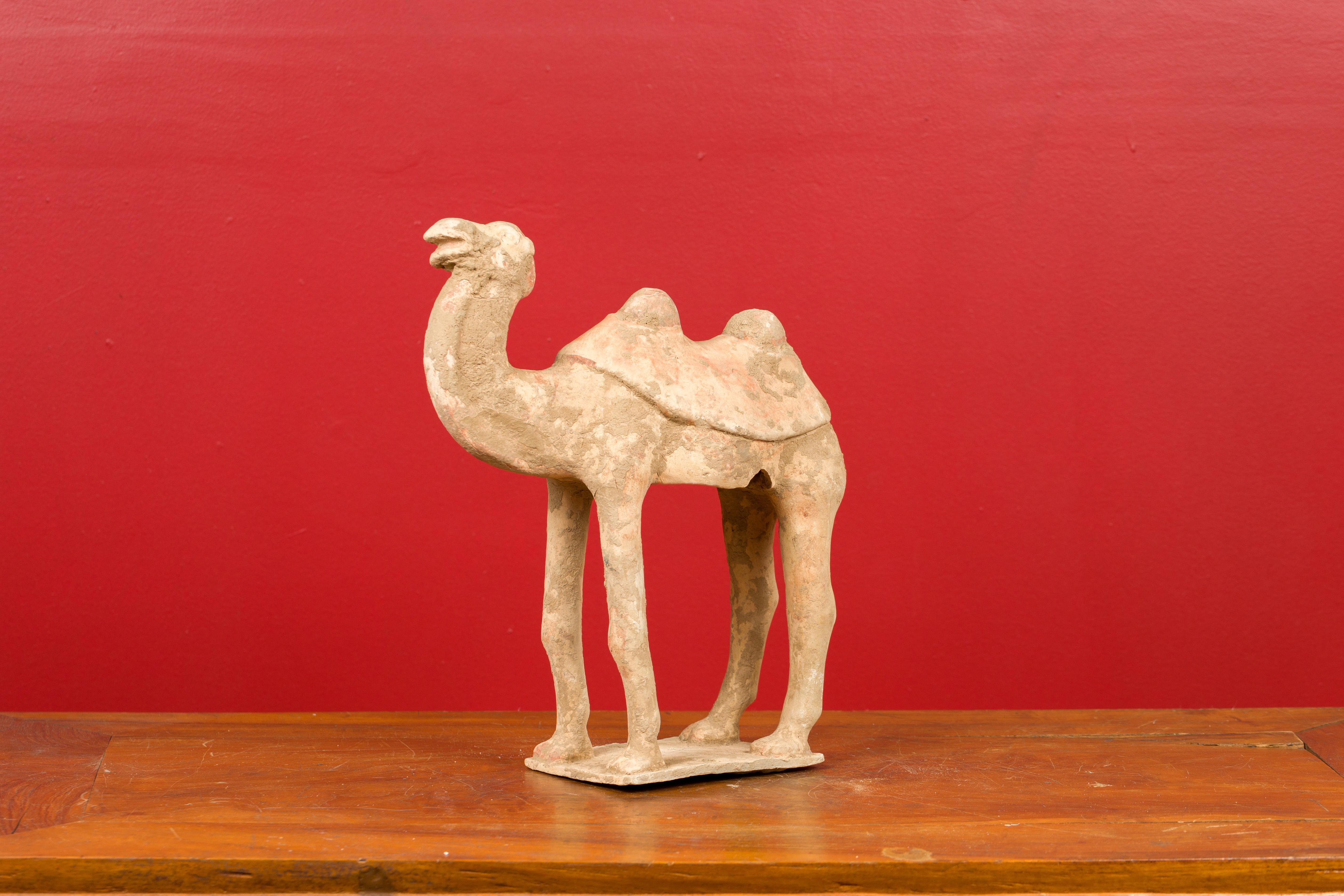 Hand-Painted Chinese Han Dynasty 202 BC-200 AD Mingqi Camel with Original Orange Paint