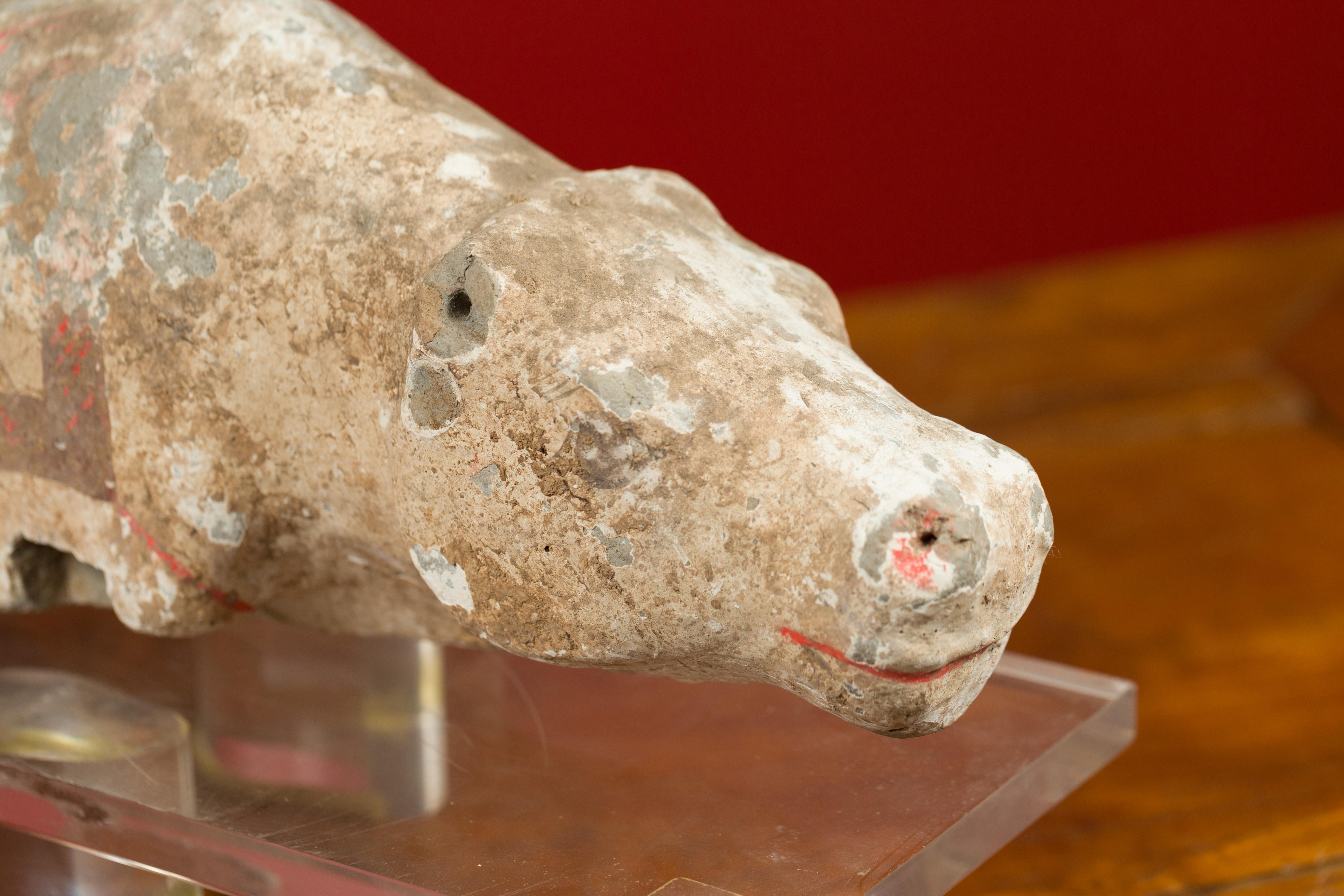 Chinese Han Dynasty Hand Painted Terracotta Hippopotamus on Custom Lucite Base 2