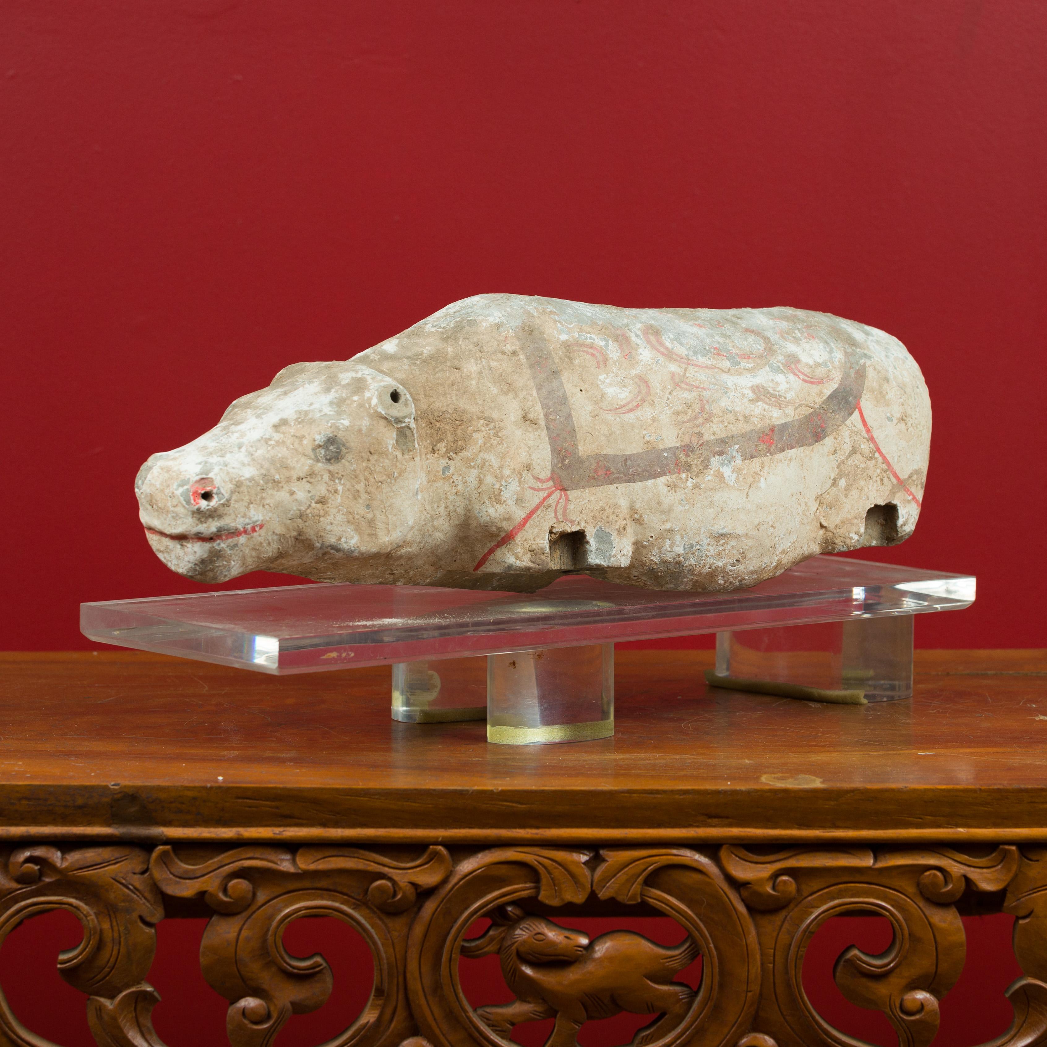 Chinese Han Dynasty Hand Painted Terracotta Hippopotamus on Custom Lucite Base 3