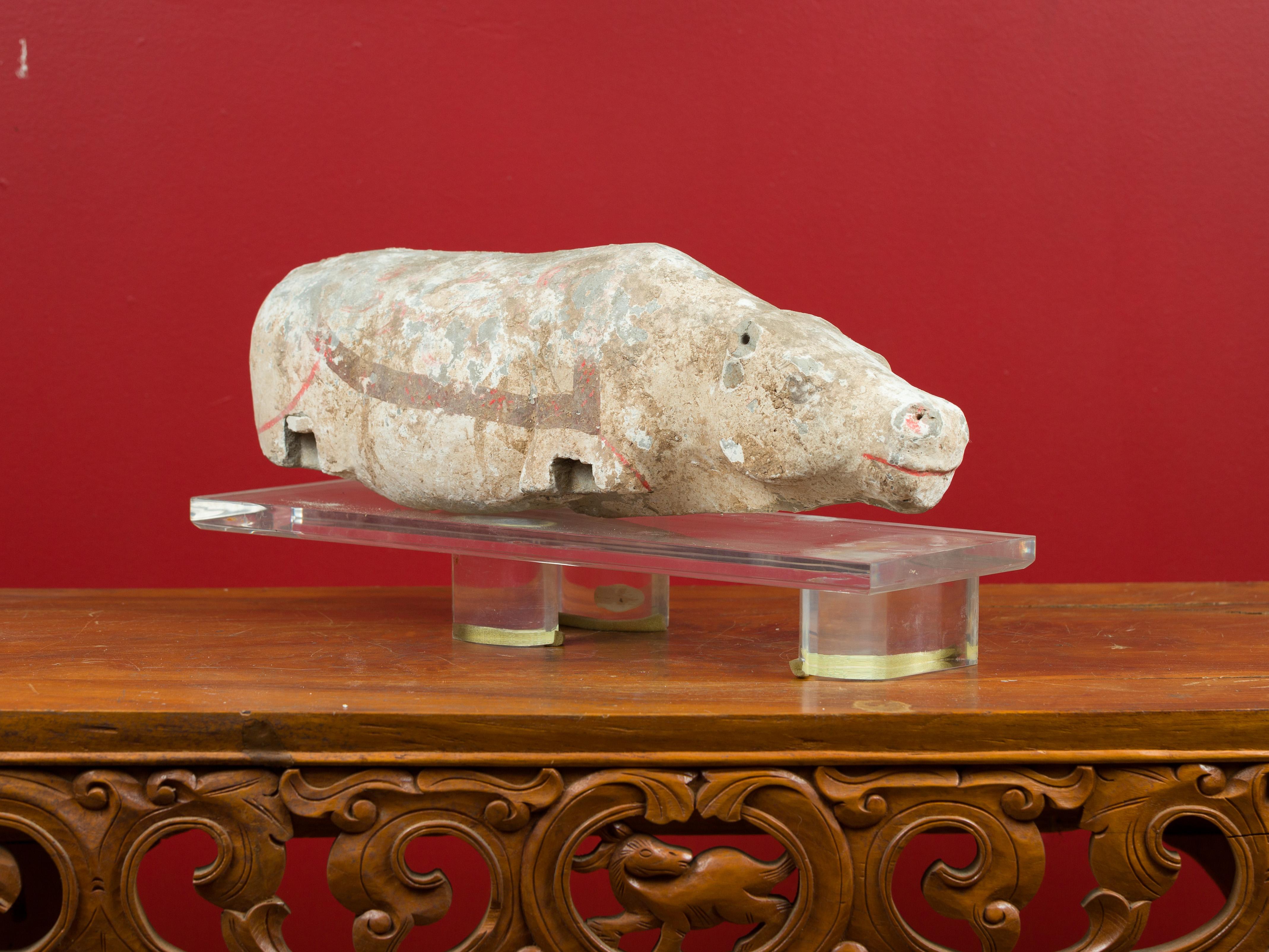 Chinese Han Dynasty Hand Painted Terracotta Hippopotamus on Custom Lucite Base 5