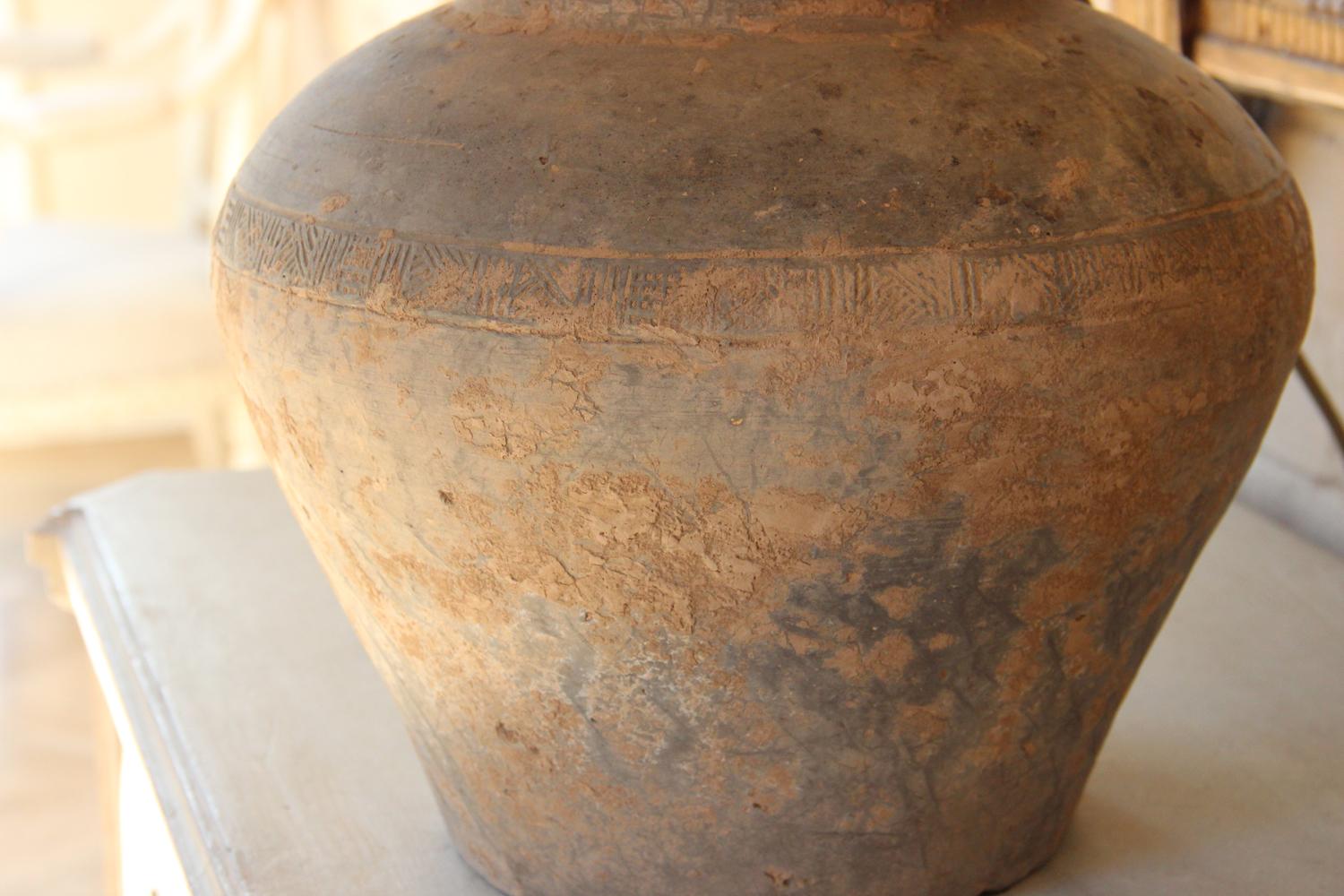 18th Century and Earlier Chinese Han Dynasty Large Unglazed Belly Jar as Table Lamp