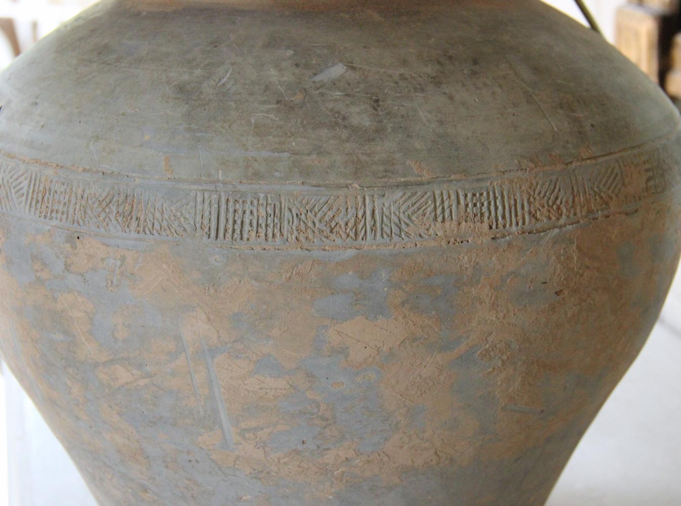 18th Century and Earlier Chinese Han Dynasty Large Unglazed Belly Jar as Table Lamp