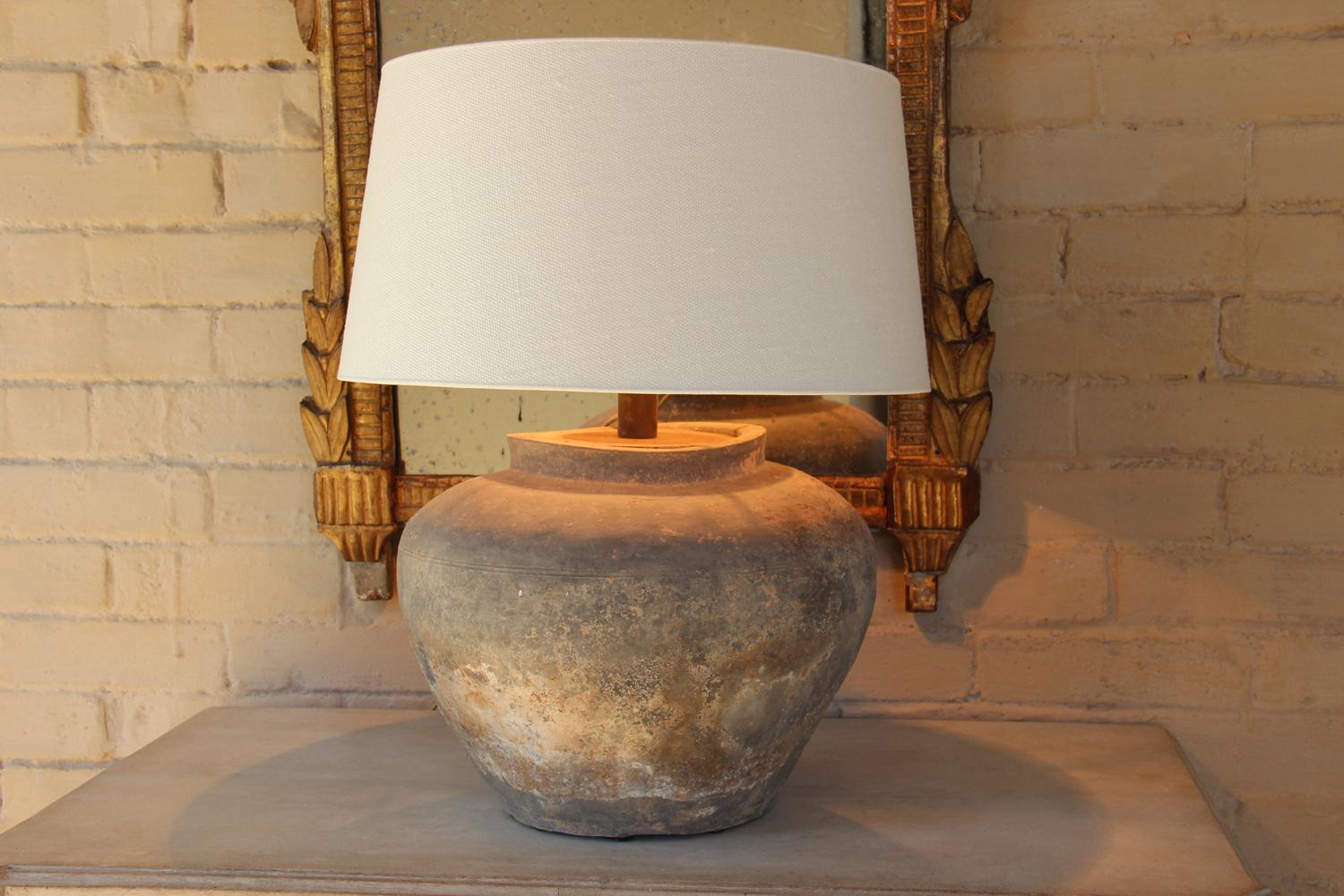 Chinese Han Dynasty Large Unglazed Belly Jar as Table Lamp 1