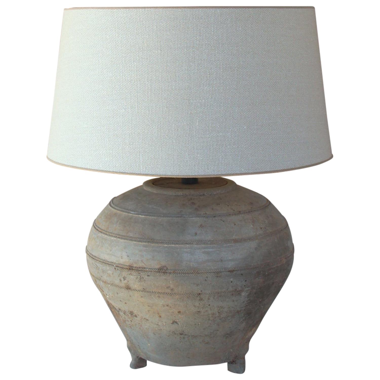 Chinese Han Dynasty Large Unglazed Belly Vase as Table Lamp
