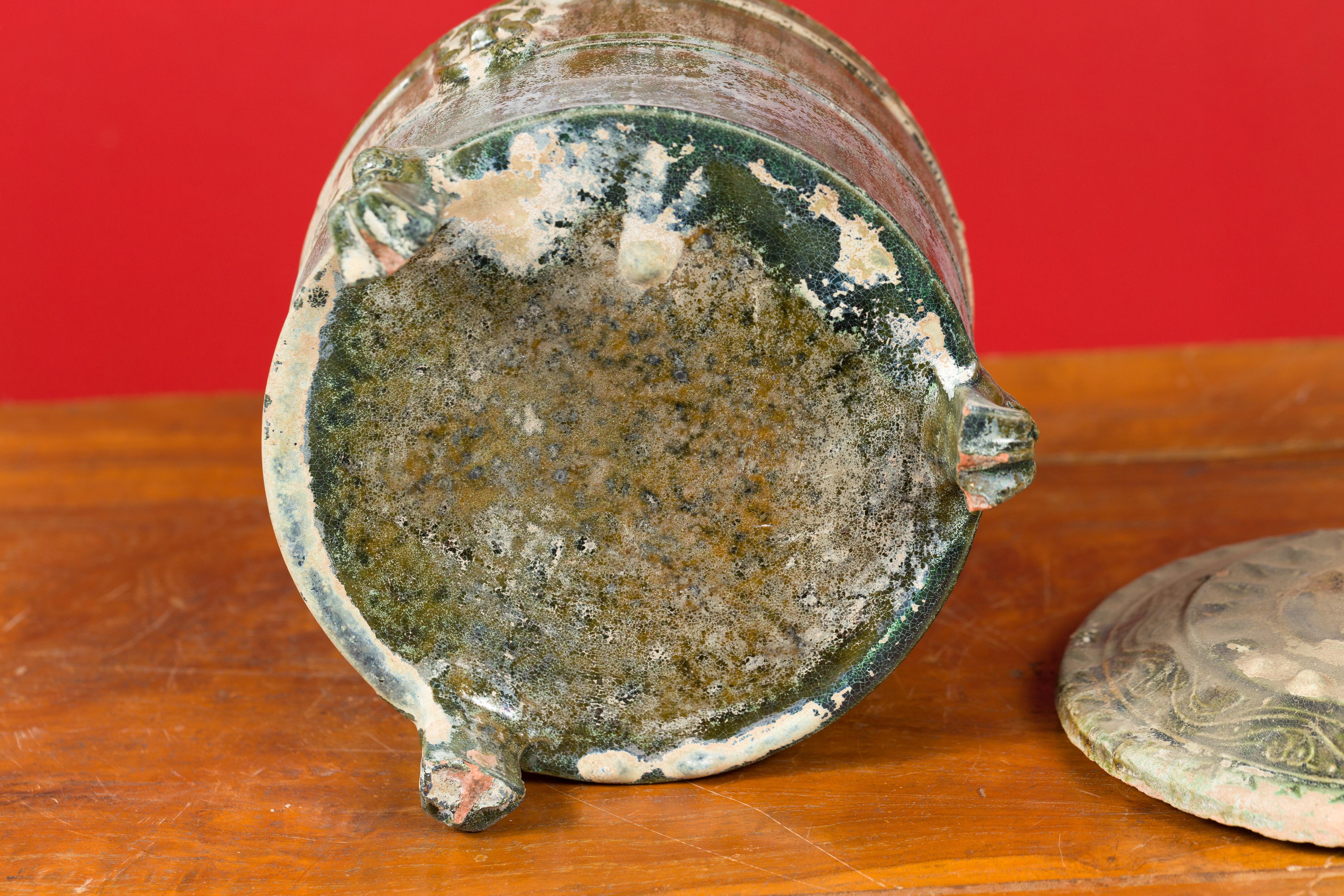 Chinese Han Dynasty Period Glazed Terracotta Lidded Vessel on Feet, circa 202 BC 9