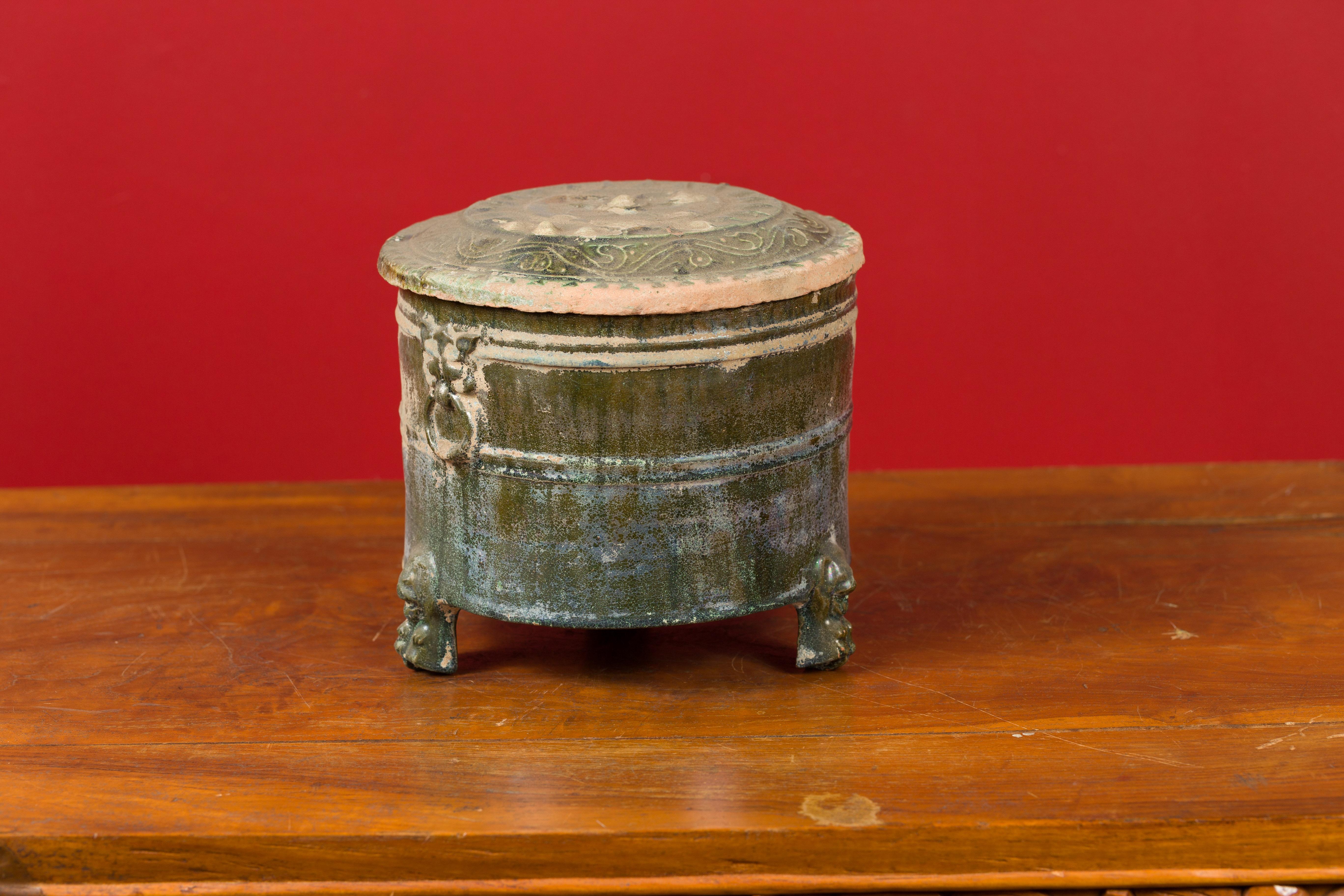 Chinese Han Dynasty Period Glazed Terracotta Lidded Vessel on Feet, circa 202 BC In Good Condition In Yonkers, NY