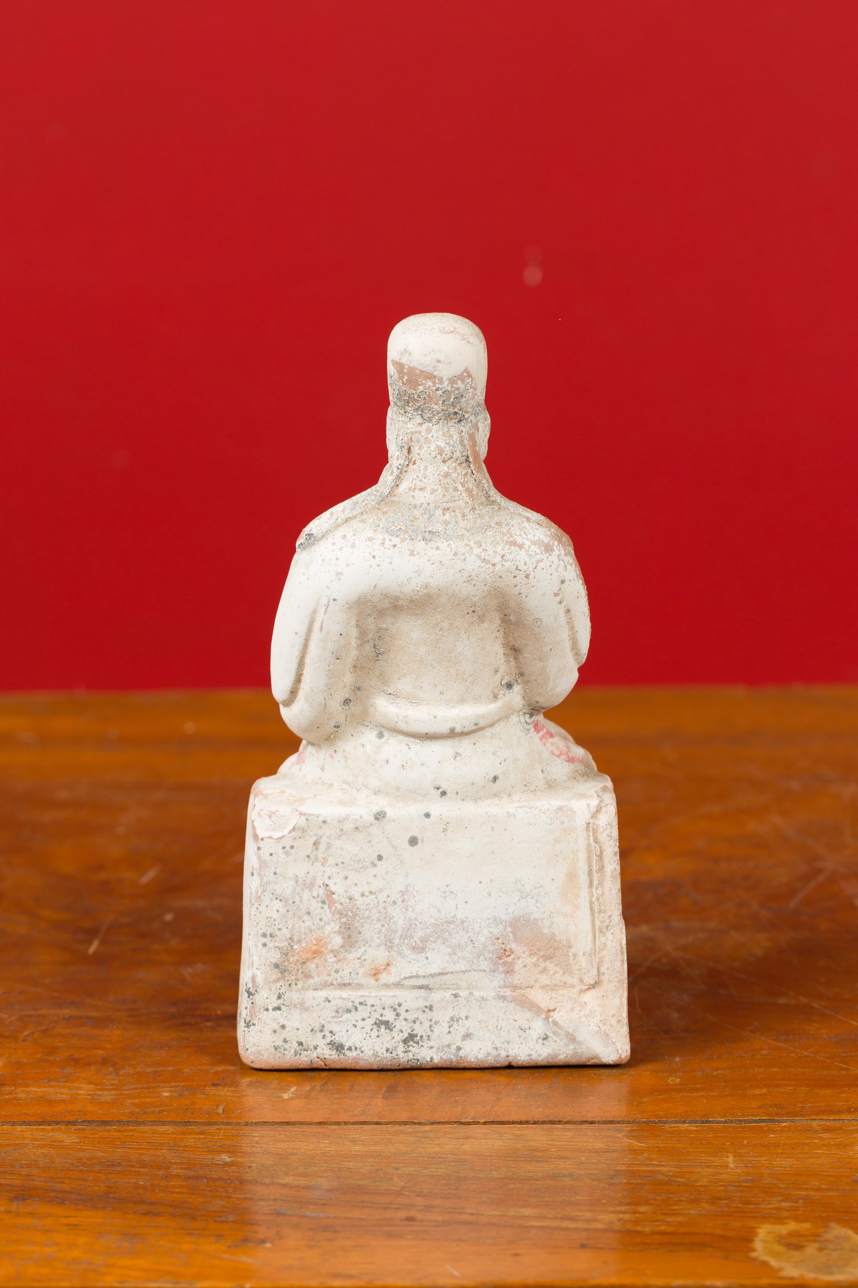 Chinese Han Dynasty Period Terracotta Dignitary Figure with White and Red Paint 5