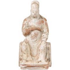 Chinese Han Dynasty Period Terracotta Dignitary Figure with White and Red Paint