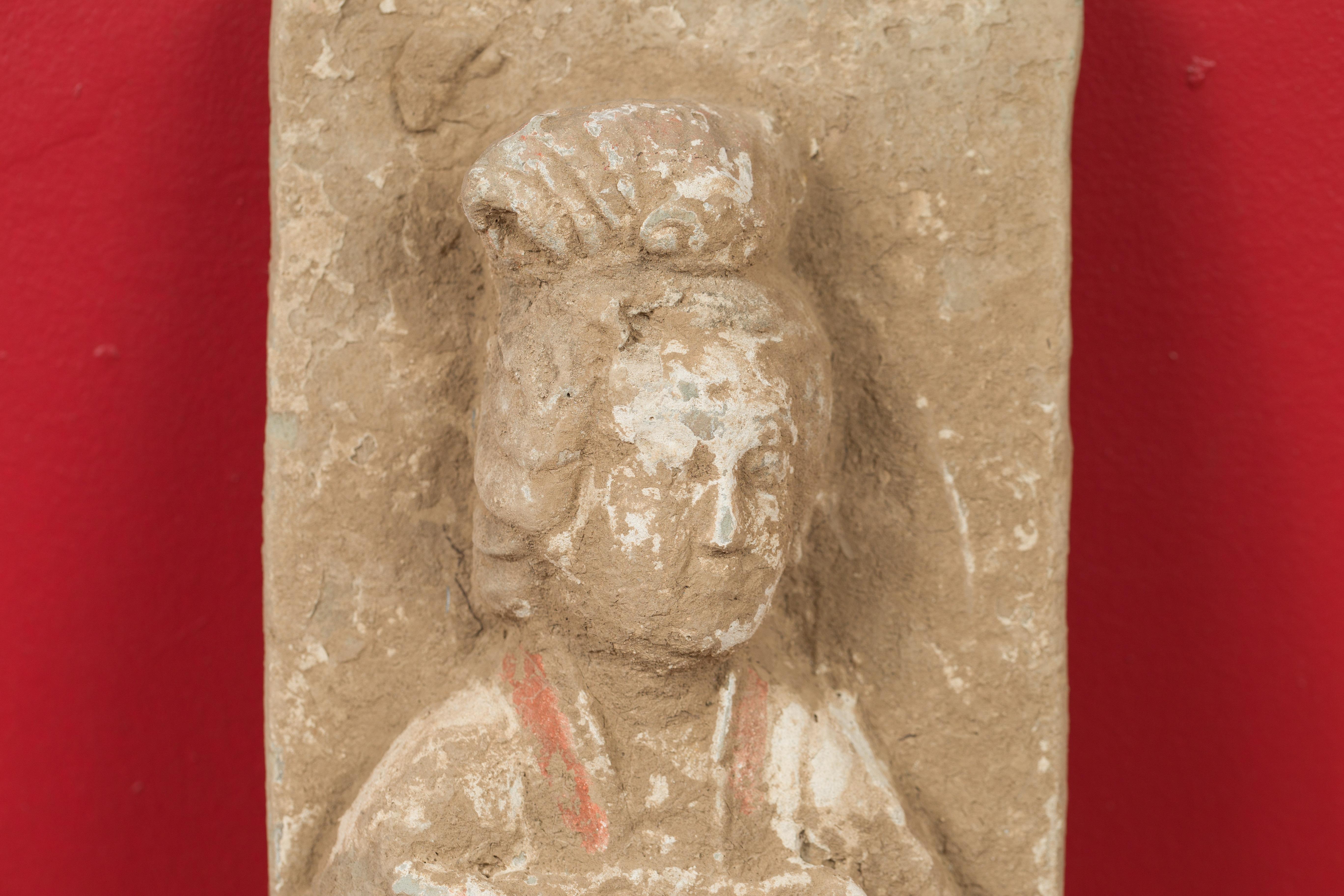 Chinese Han Dynasty Period Wall Plaque Depicting a Woman Carrying a Dish In Good Condition In Yonkers, NY