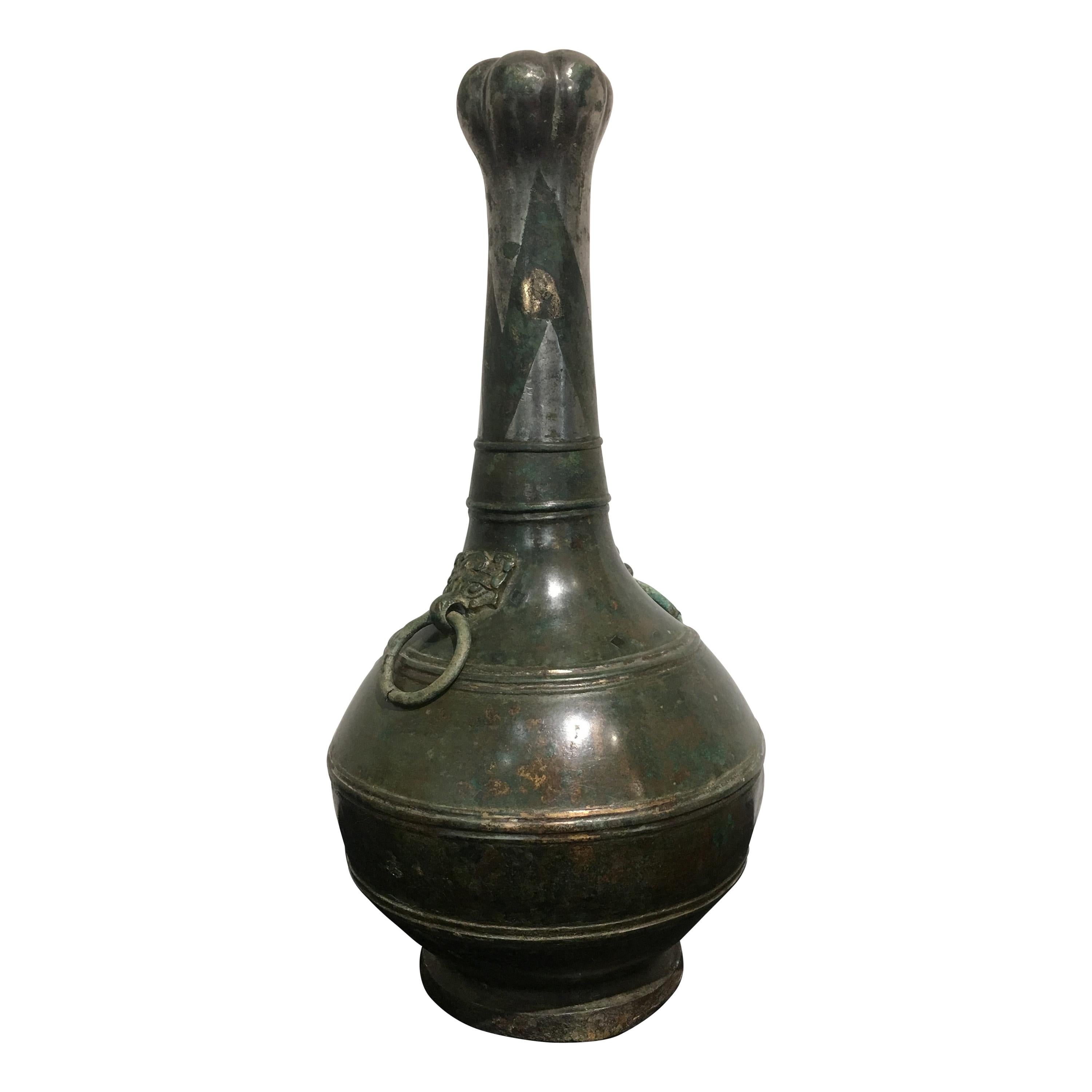 Chinese Han Dynasty Silver-Decorated Garlic Head Bronze Hu Vase, 3rd Century BC For Sale