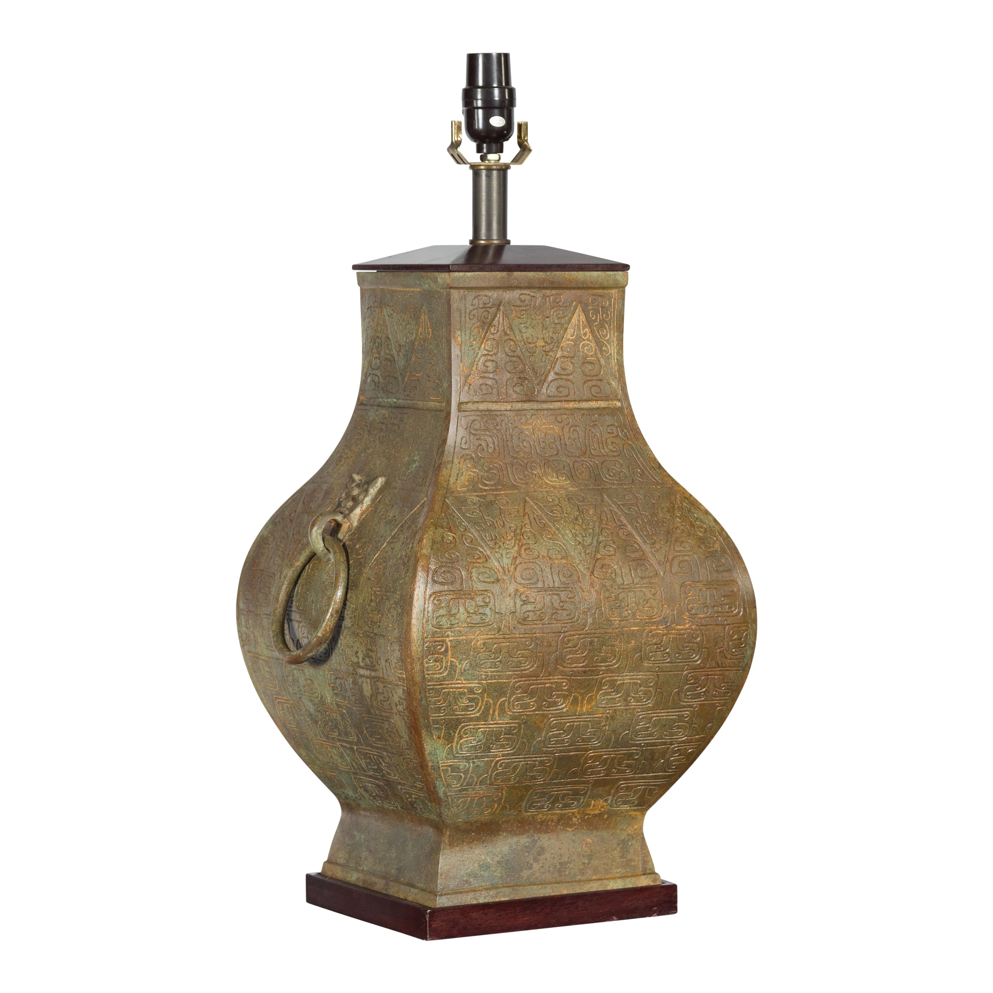Han Dynasty Style Hu Vase Shaped Table Lamp with Scrollwork, US Wired For Sale 9
