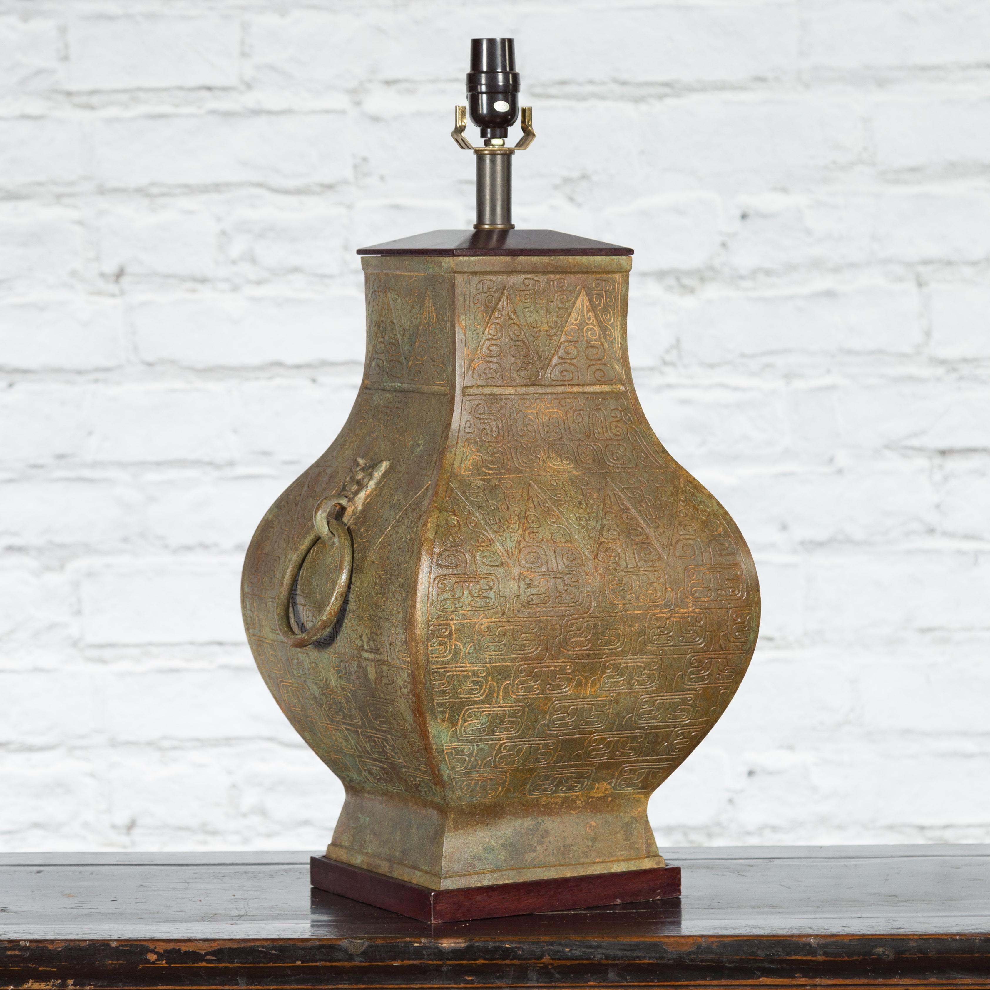 Bronze Han Dynasty Style Hu Vase Shaped Table Lamp with Scrollwork, US Wired For Sale