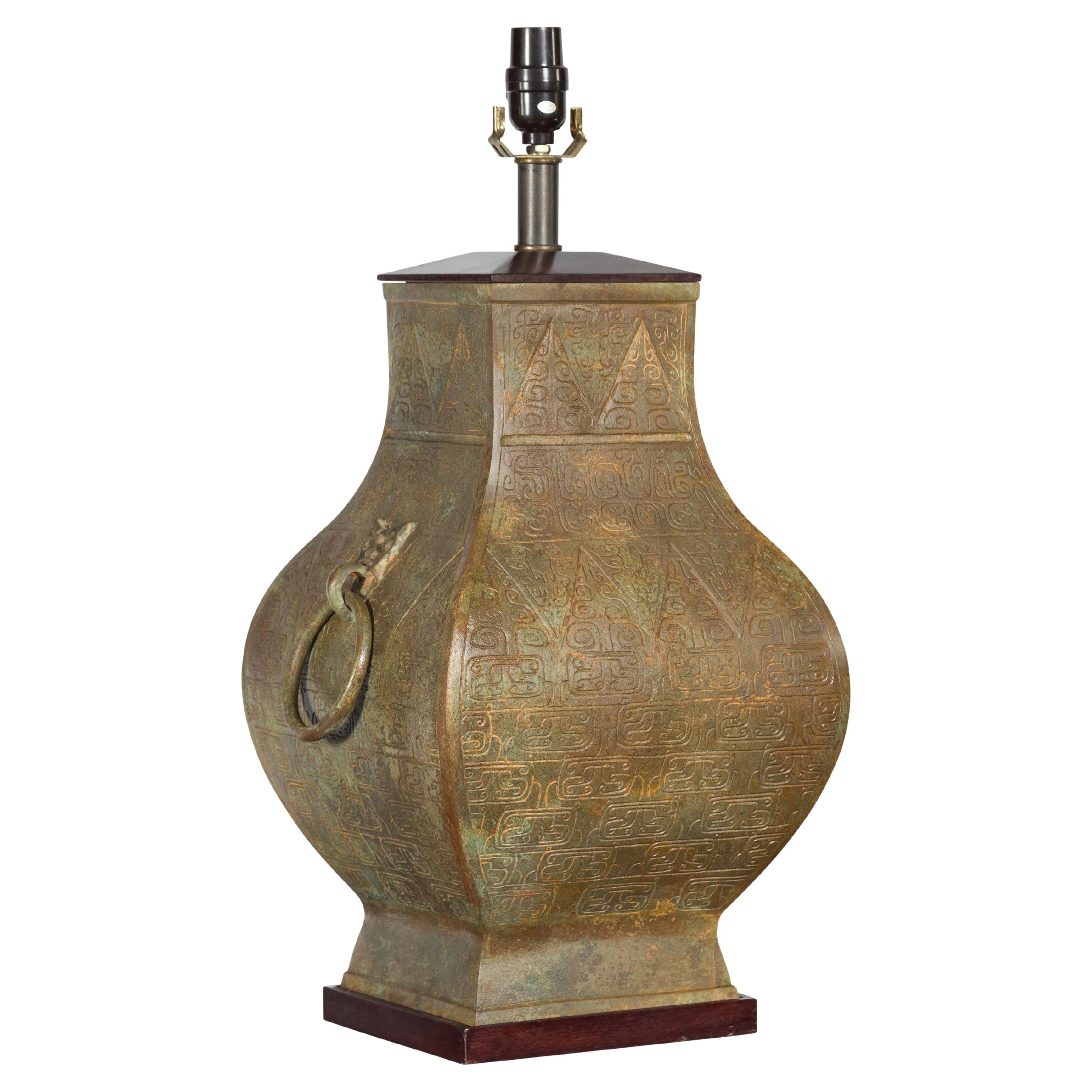 Chinesische Hu-Vasen-Tischlampe im Han-Dynastie-Stil mit Schnrkeln, US-Draht