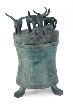 Chinese Han Dynasty-Style Patinated Bronze Canister with Animal Figurine Lid