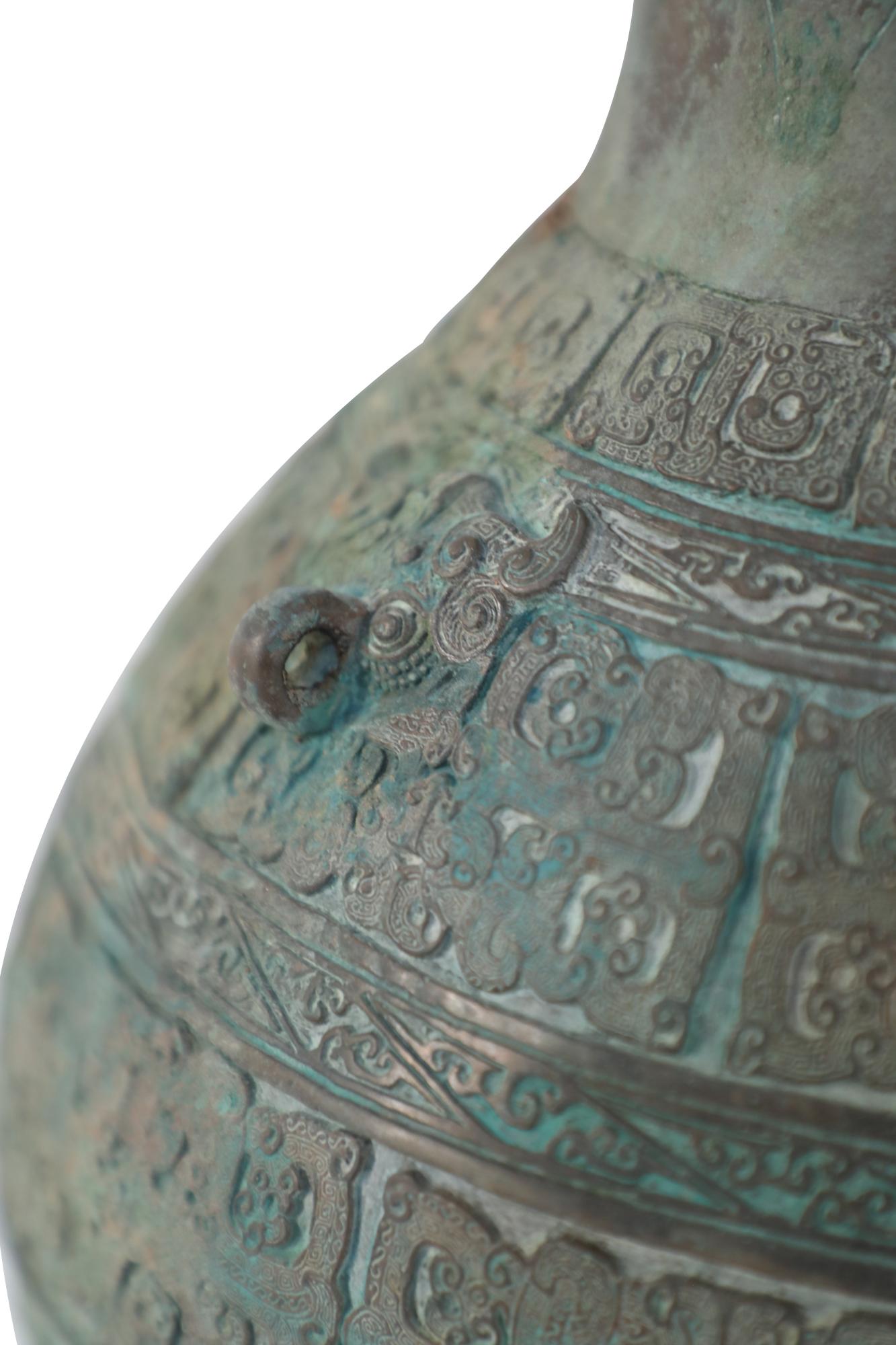 Chinese Han Dynasty Style Patinated Bronze Carved Urn For Sale 4