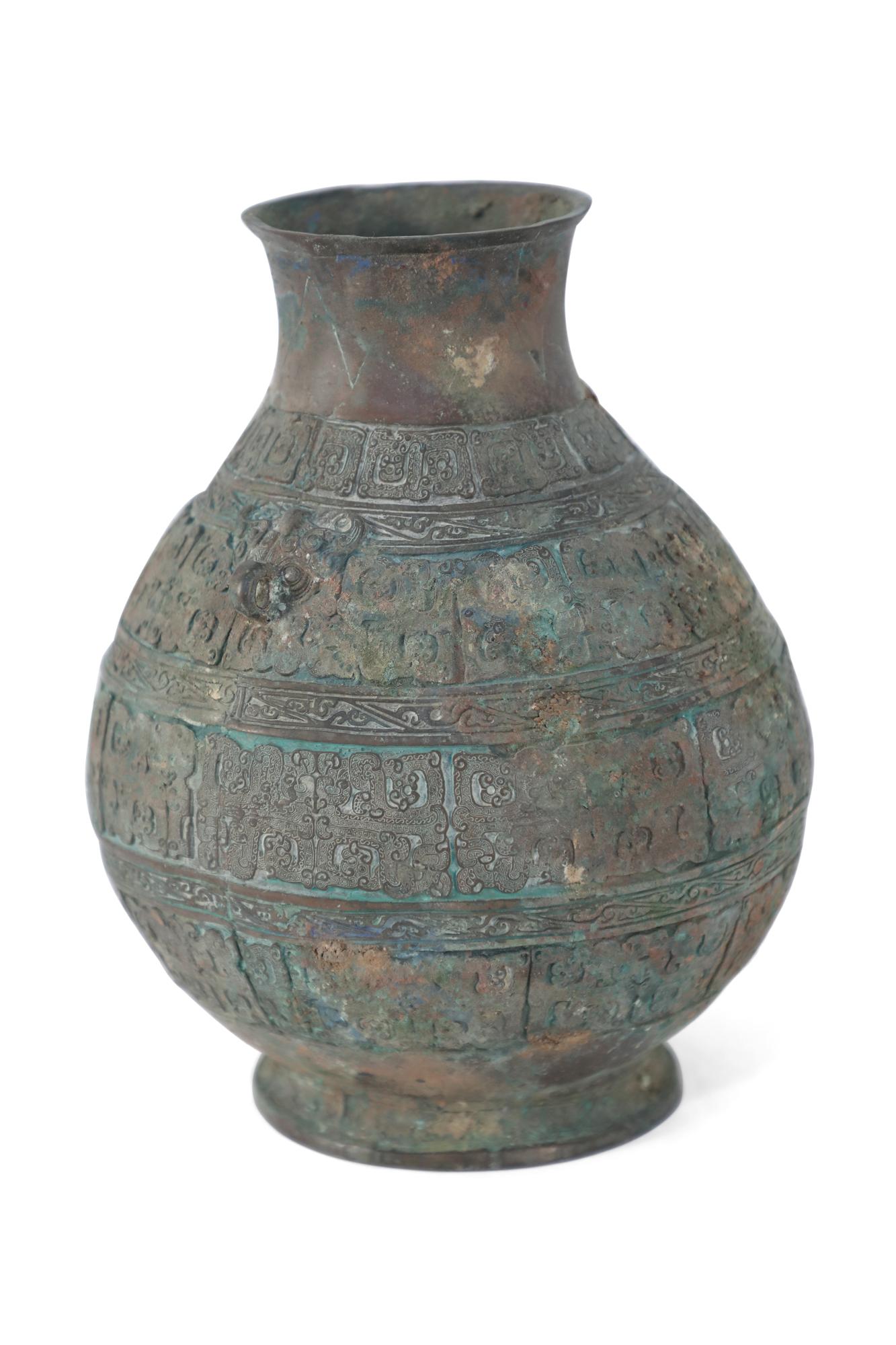 Hand-Carved Chinese Han Dynasty Style Patinated Bronze Carved Urn For Sale