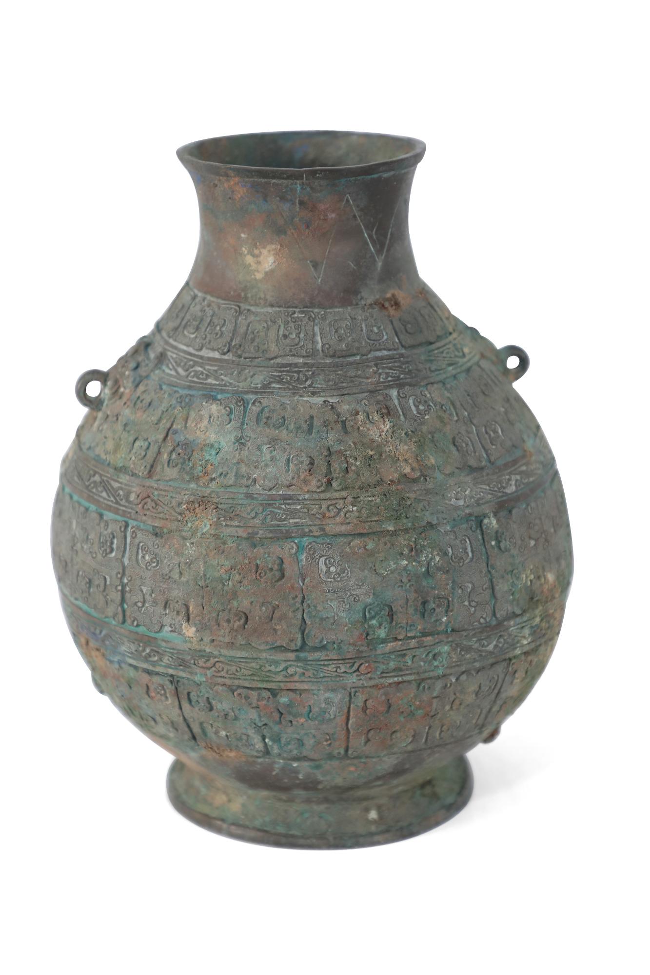Chinese Han Dynasty Style Patinated Bronze Carved Urn In Good Condition For Sale In Queens, NY
