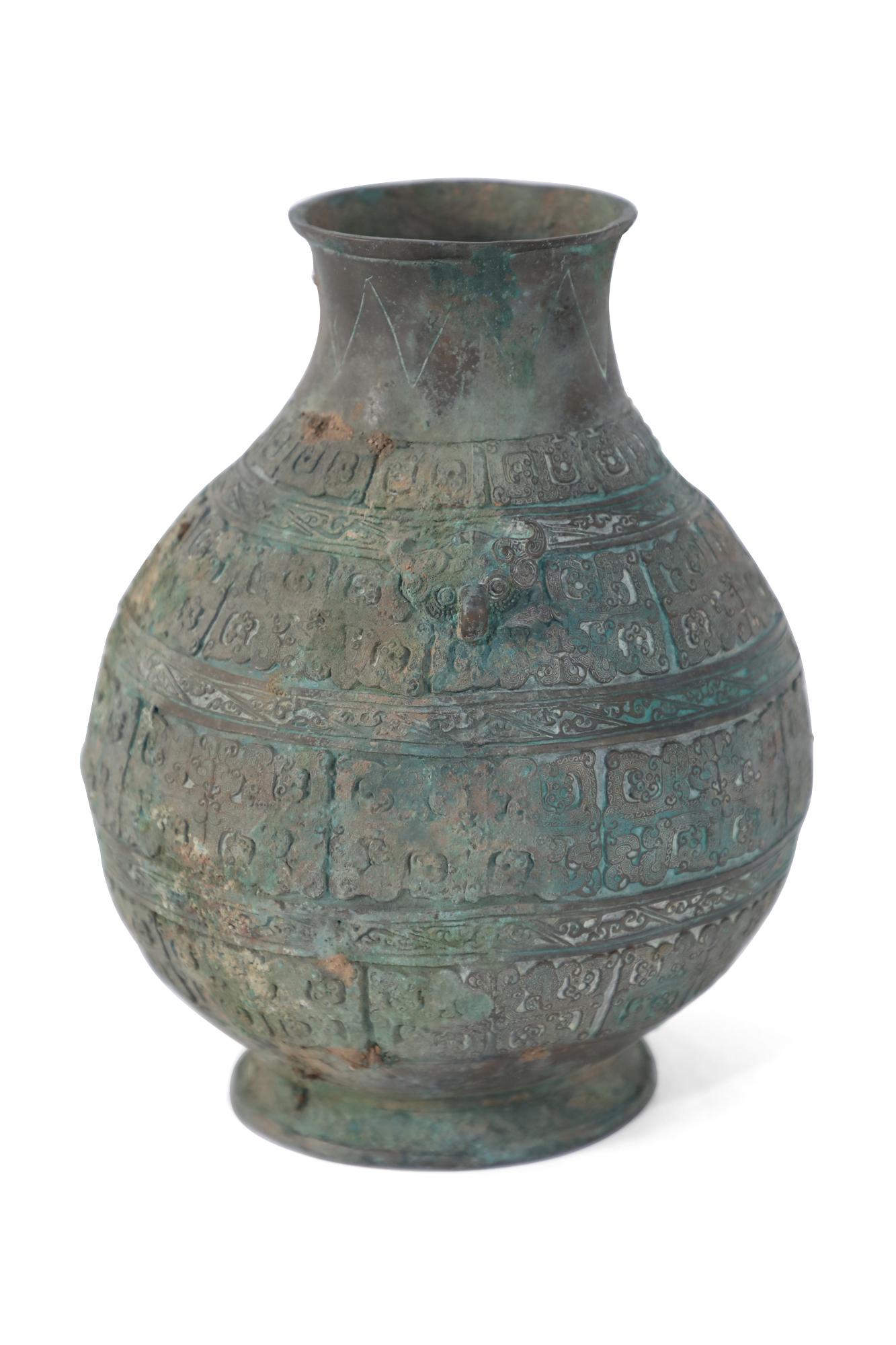 Metal Chinese Han Dynasty Style Patinated Bronze Carved Urn For Sale