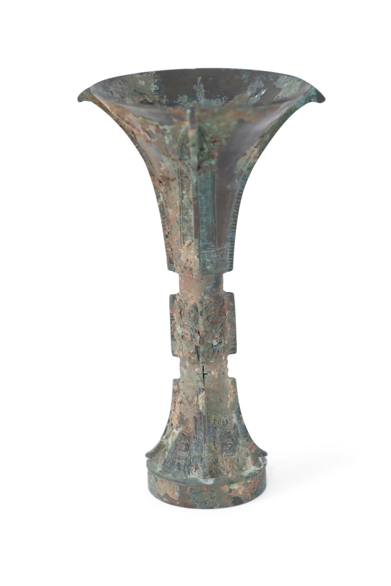 Hand-Crafted Chinese Han Dynasty Style Patinated Bronze Fluted Wine Goblet For Sale