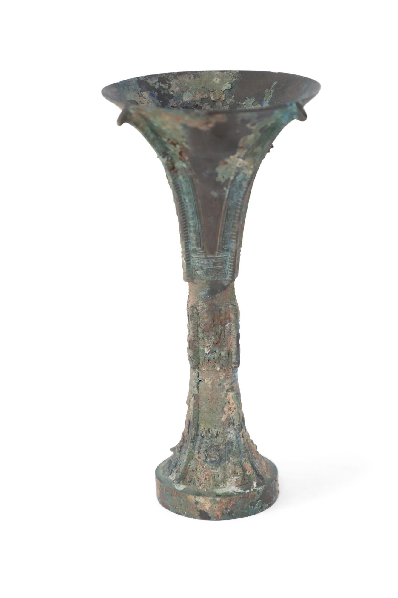 Chinese Han Dynasty Style Patinated Bronze Fluted Wine Goblet In Good Condition For Sale In Queens, NY