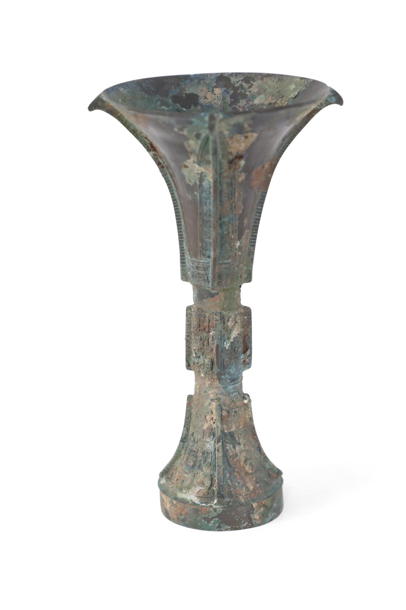 20th Century Chinese Han Dynasty Style Patinated Bronze Fluted Wine Goblet For Sale