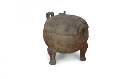 Chinese Han Dynasty Style Patinated Bronze Footed and Lidded Pot