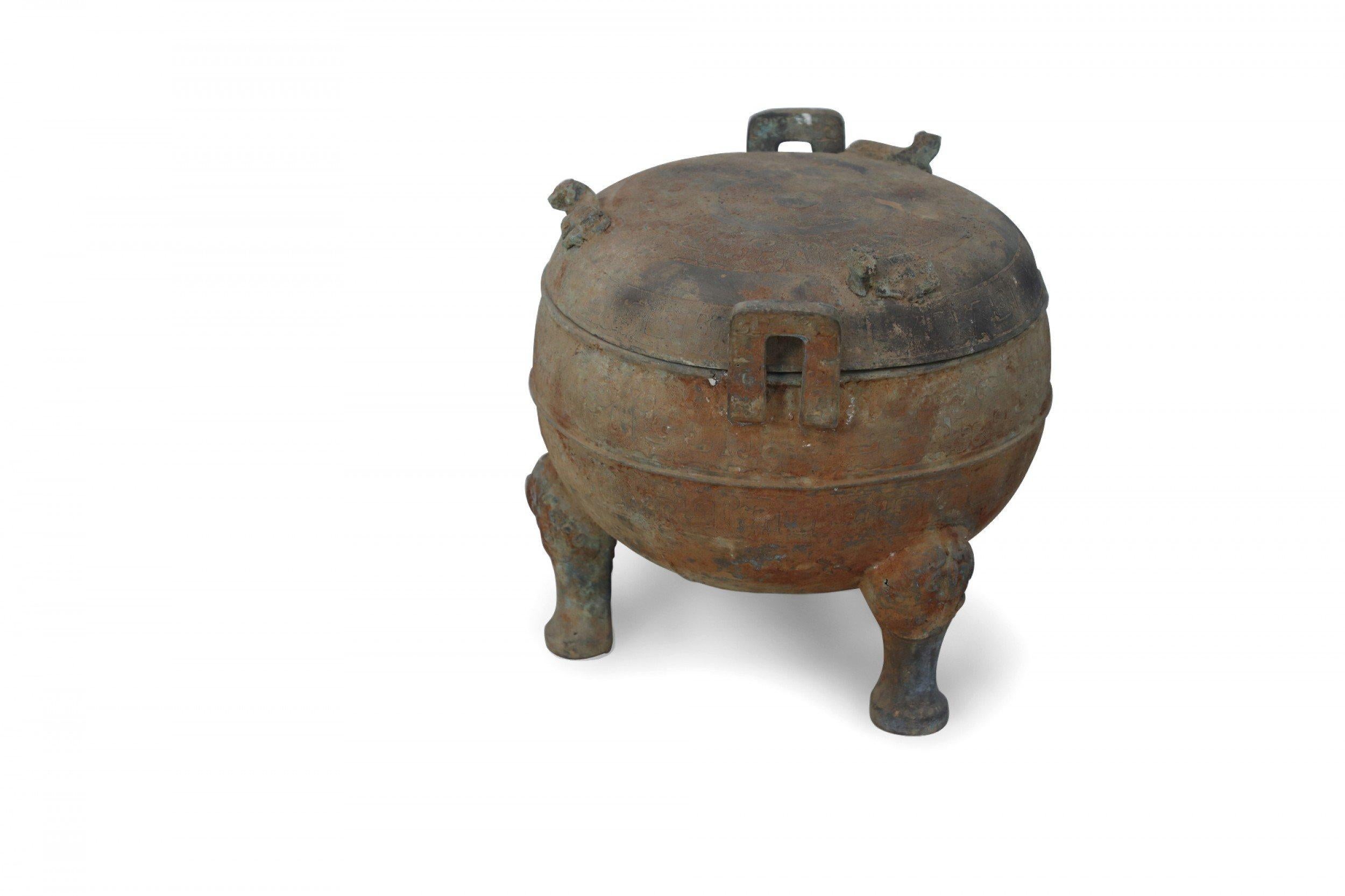 Chinese Export Chinese Han Dynasty Style Patinated Bronze Footed and Lidded Pot For Sale