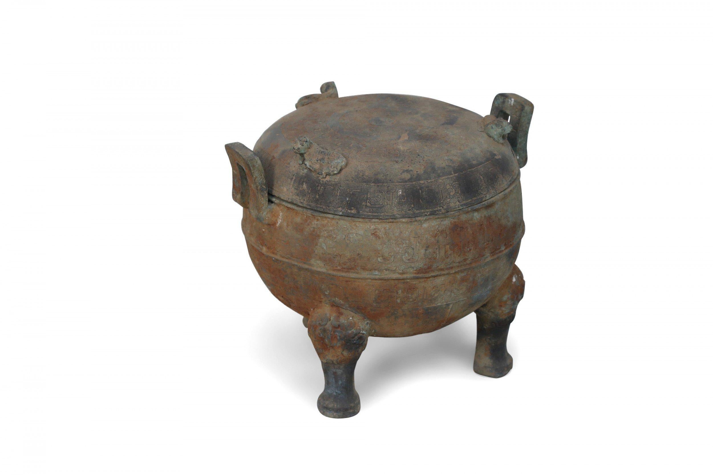 Etched Chinese Han Dynasty Style Patinated Bronze Footed and Lidded Pot For Sale